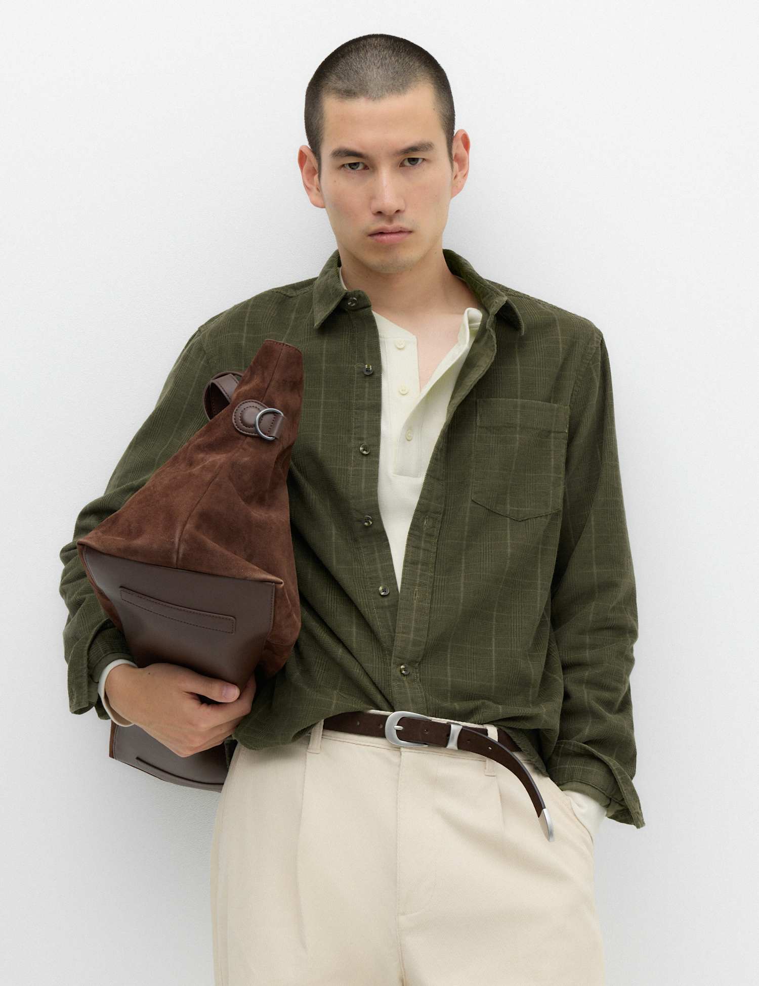 M&S Regular Fit Checked Corduroy Shirt Khaki