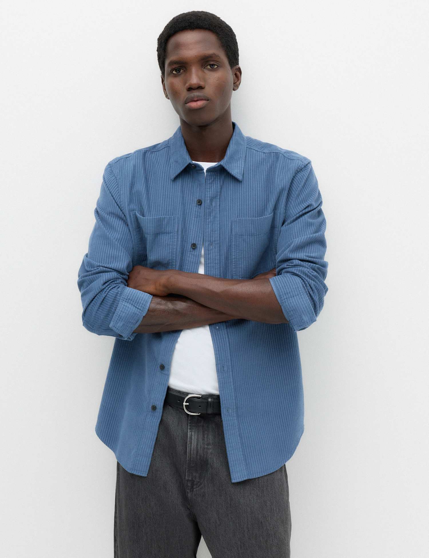 M&S Regular Fit Striped Corduroy Shirt Chambray