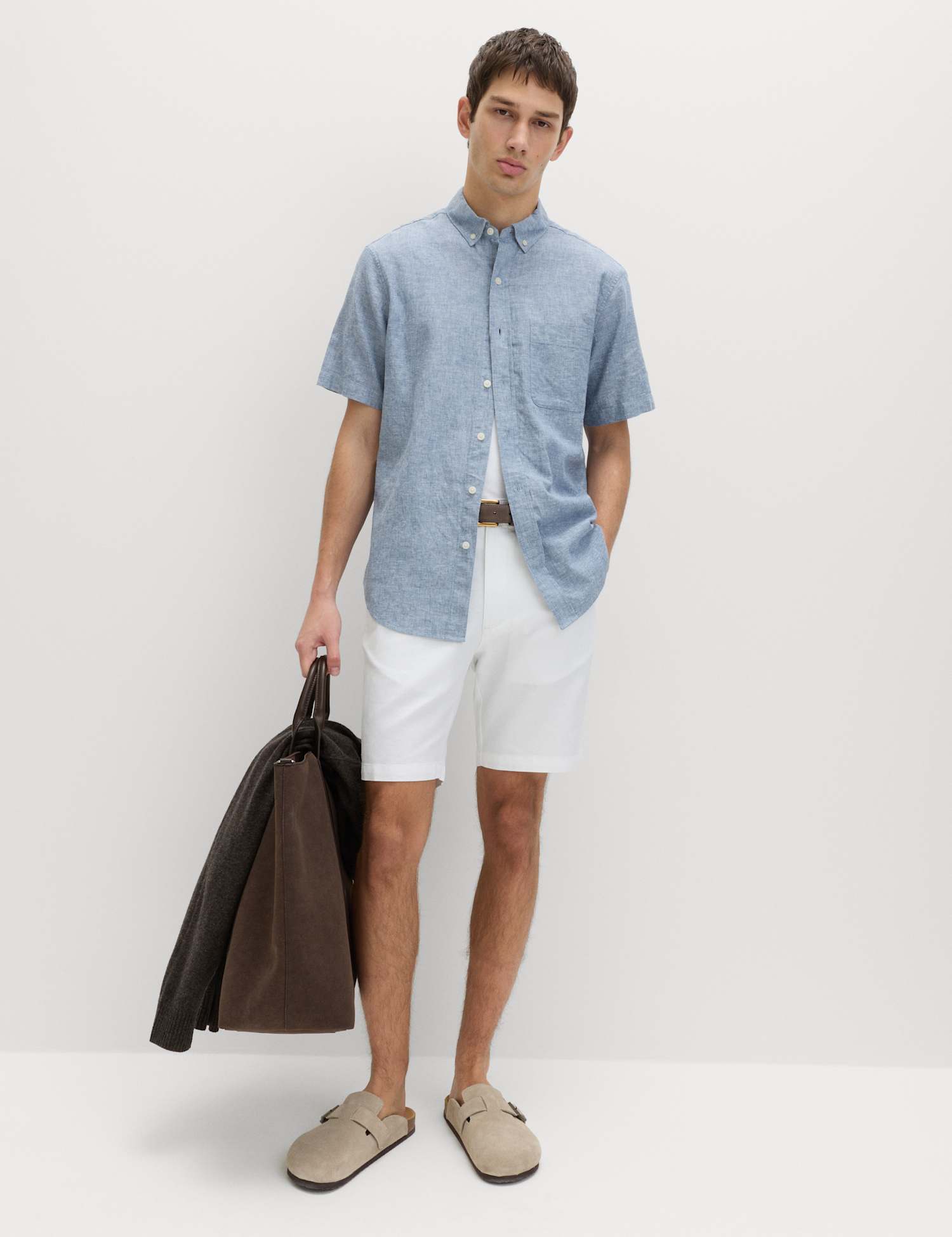 M&S Regular Fit Linen Rich Short Sleeve Shirt Chambray
