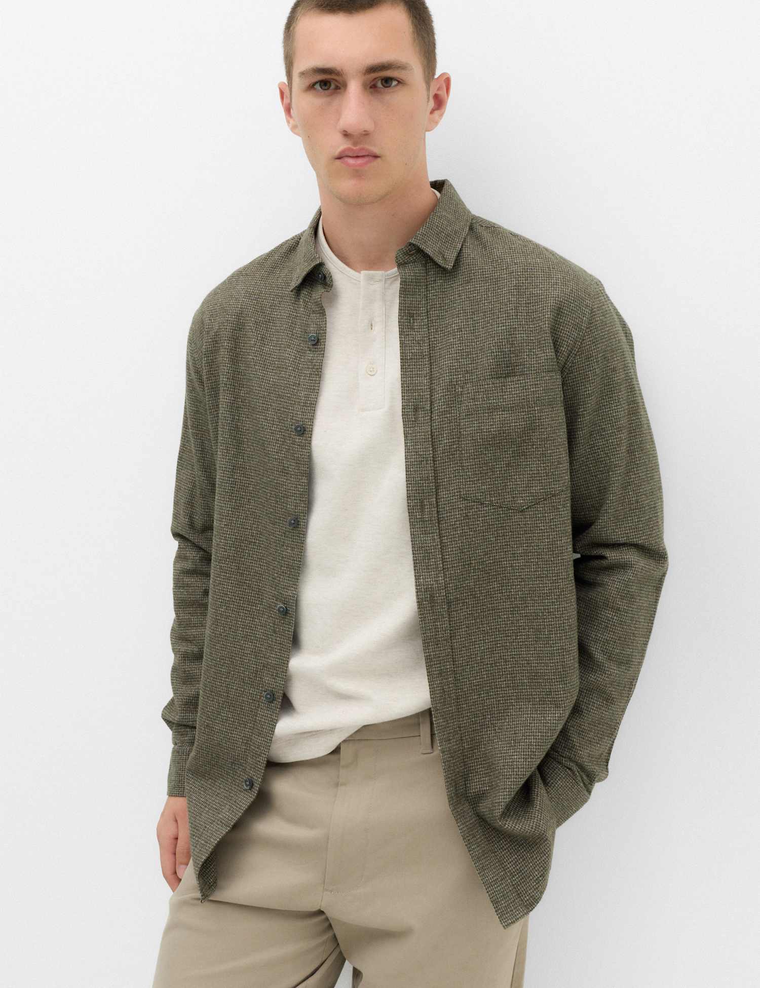 M&S Pure Cotton Flannel Shirt Khaki Mix