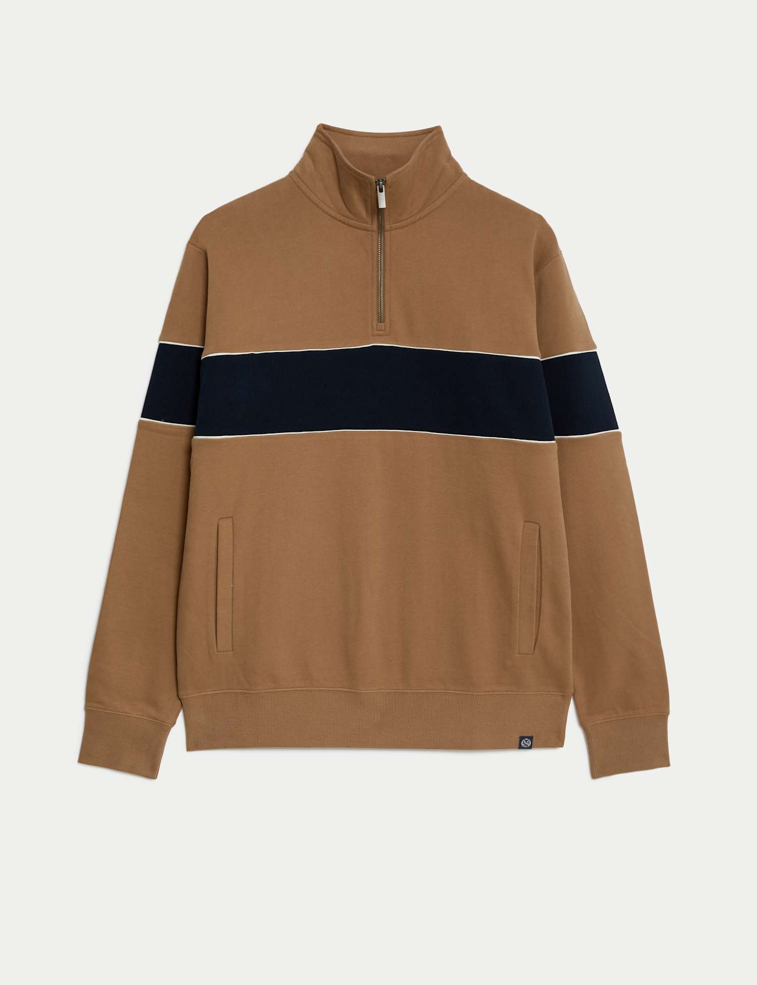 M&S Pure Cotton Colour Block Half Zip Sweatshirt Light Brown