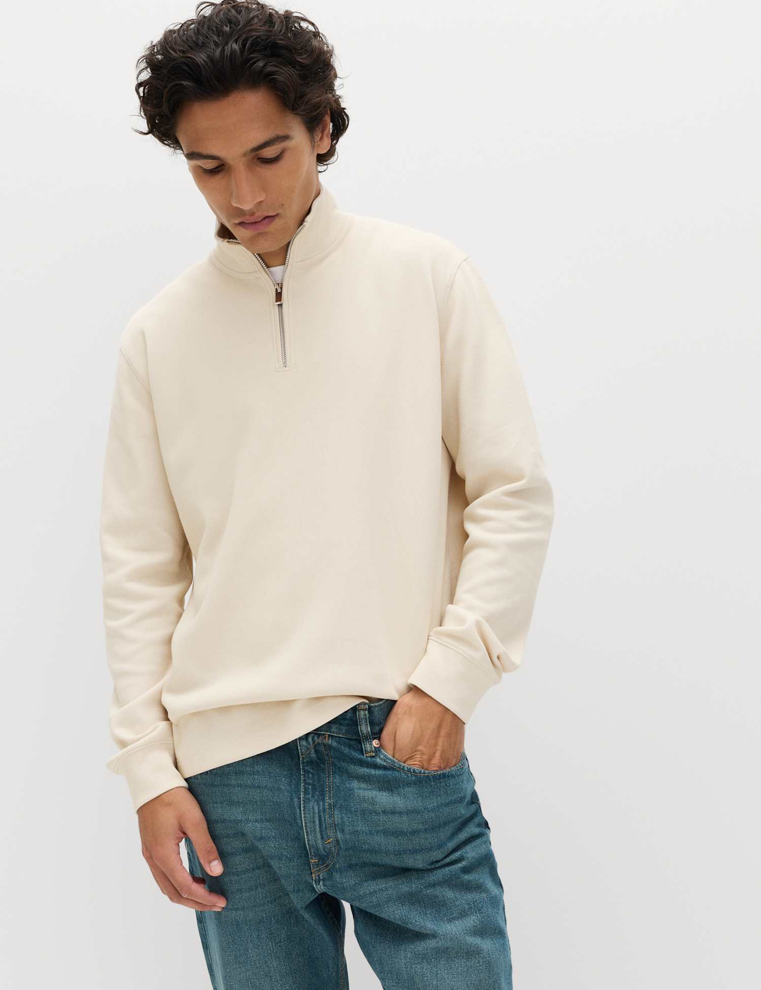 M&S Cotton Rich Double Knit Half Zip Sweatshirt Ivory