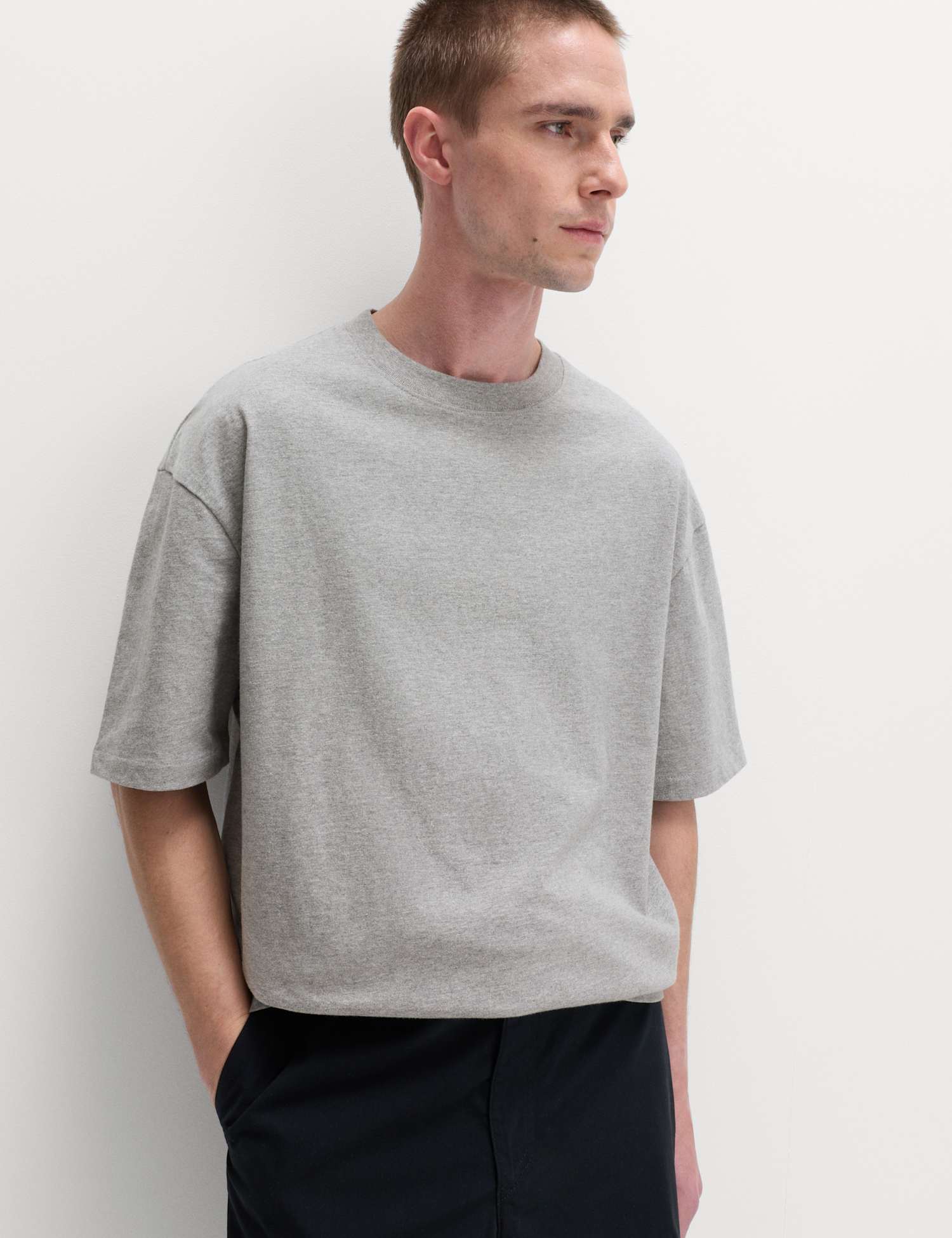 M&S Pure Cotton Oversized Midweight T-Shirt Grey Marl