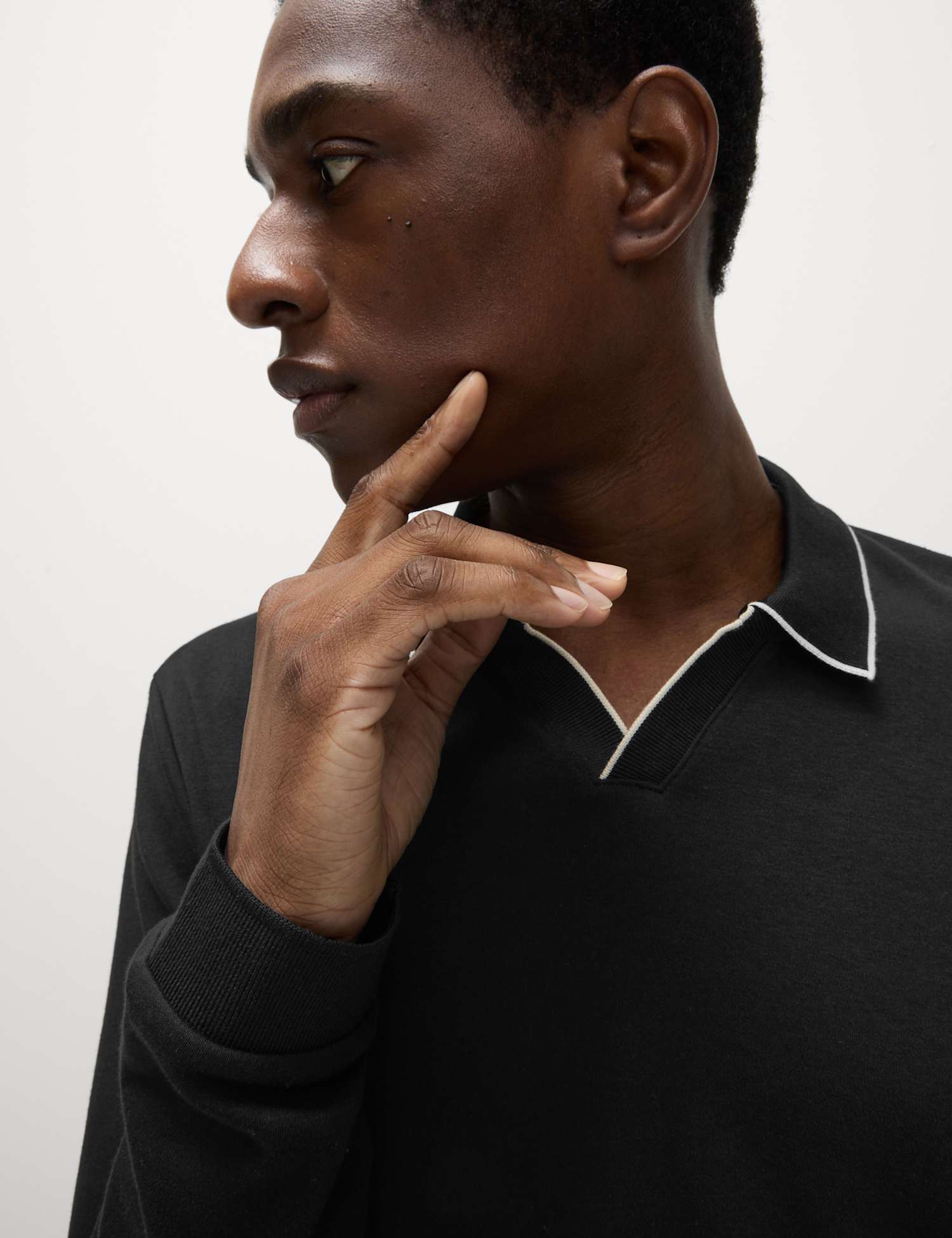 M&S Pure Cotton Tipped Long Sleeve Polo Shirt Black