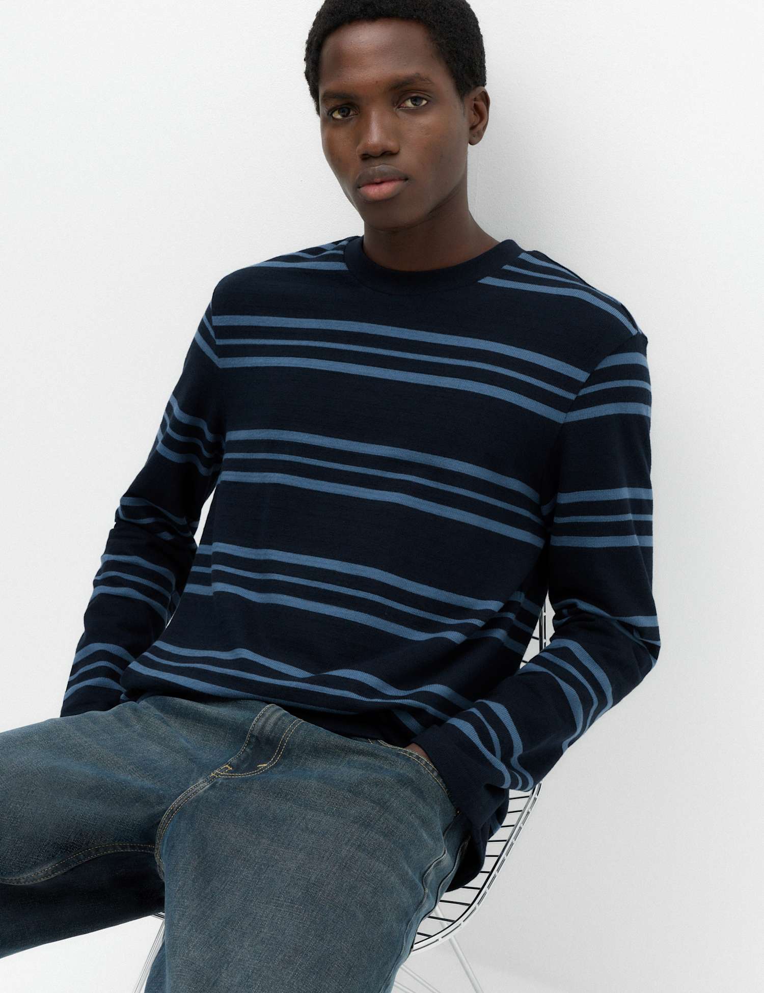 M&S Pure Cotton Striped Long Sleeve T-Shirt Navy Mix