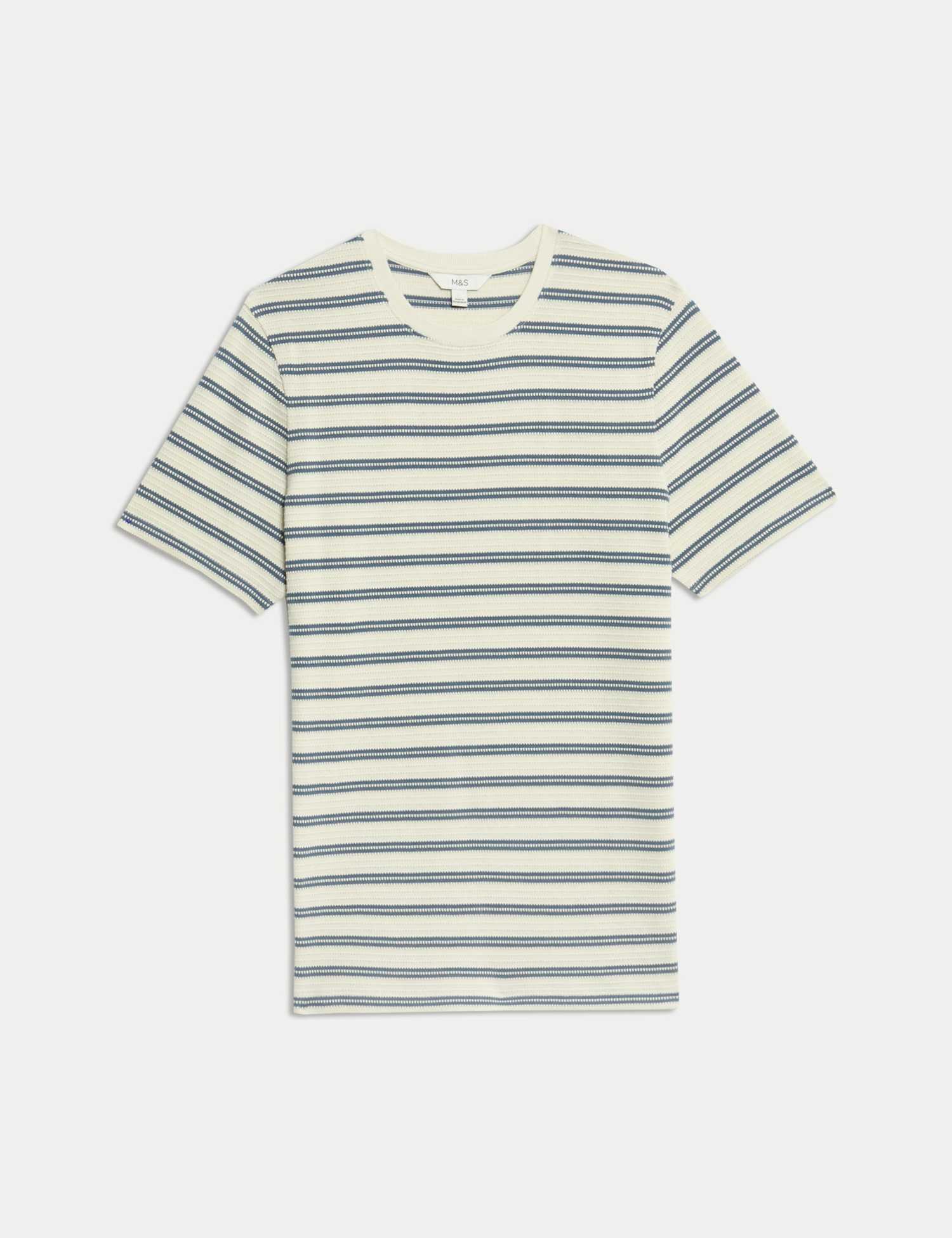 M&S Cotton Rich Striped Textured T-Shirt Light Airforce