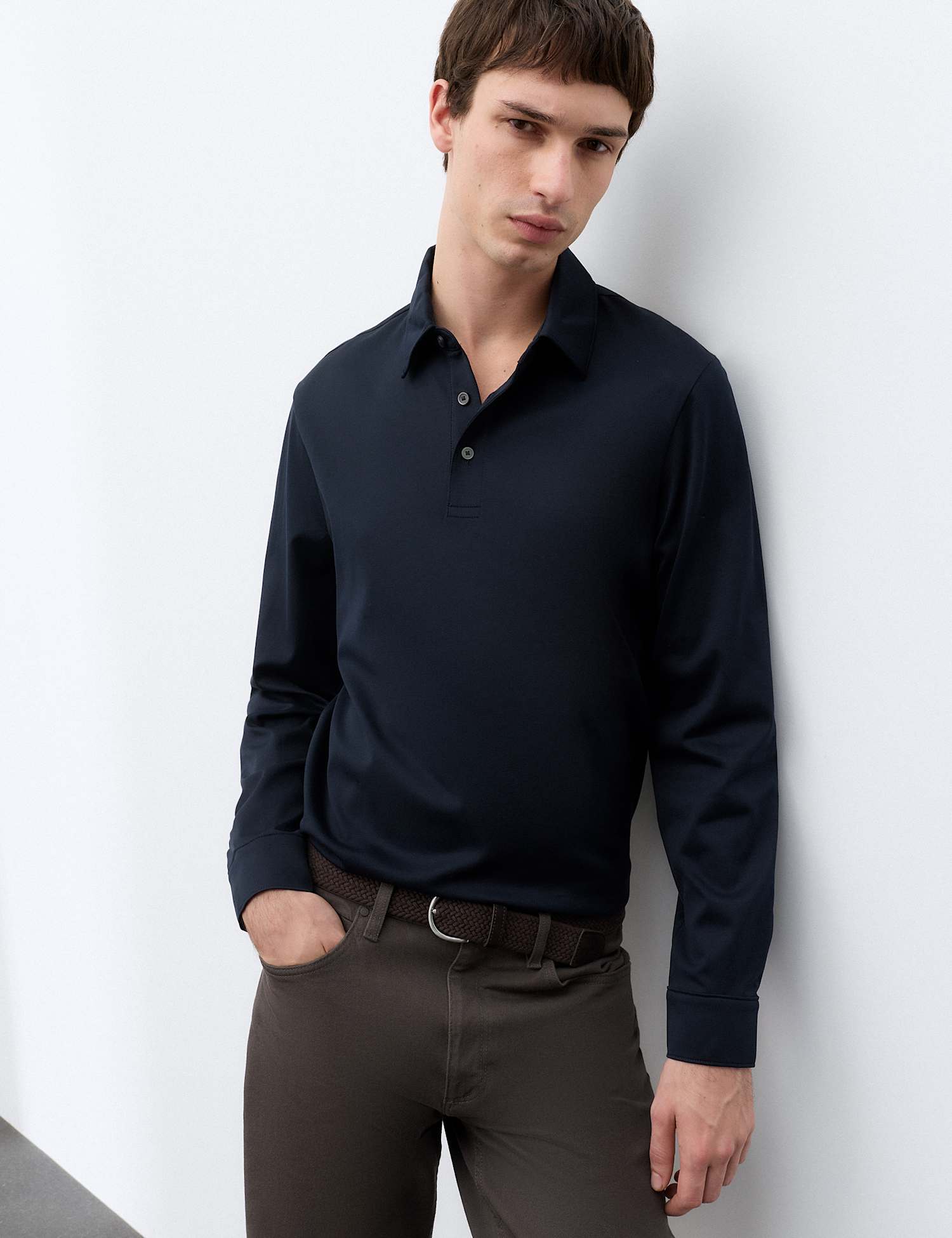 Autograph Pure Supima Cotton Long Sleeve Polo Shirt Dark Navy