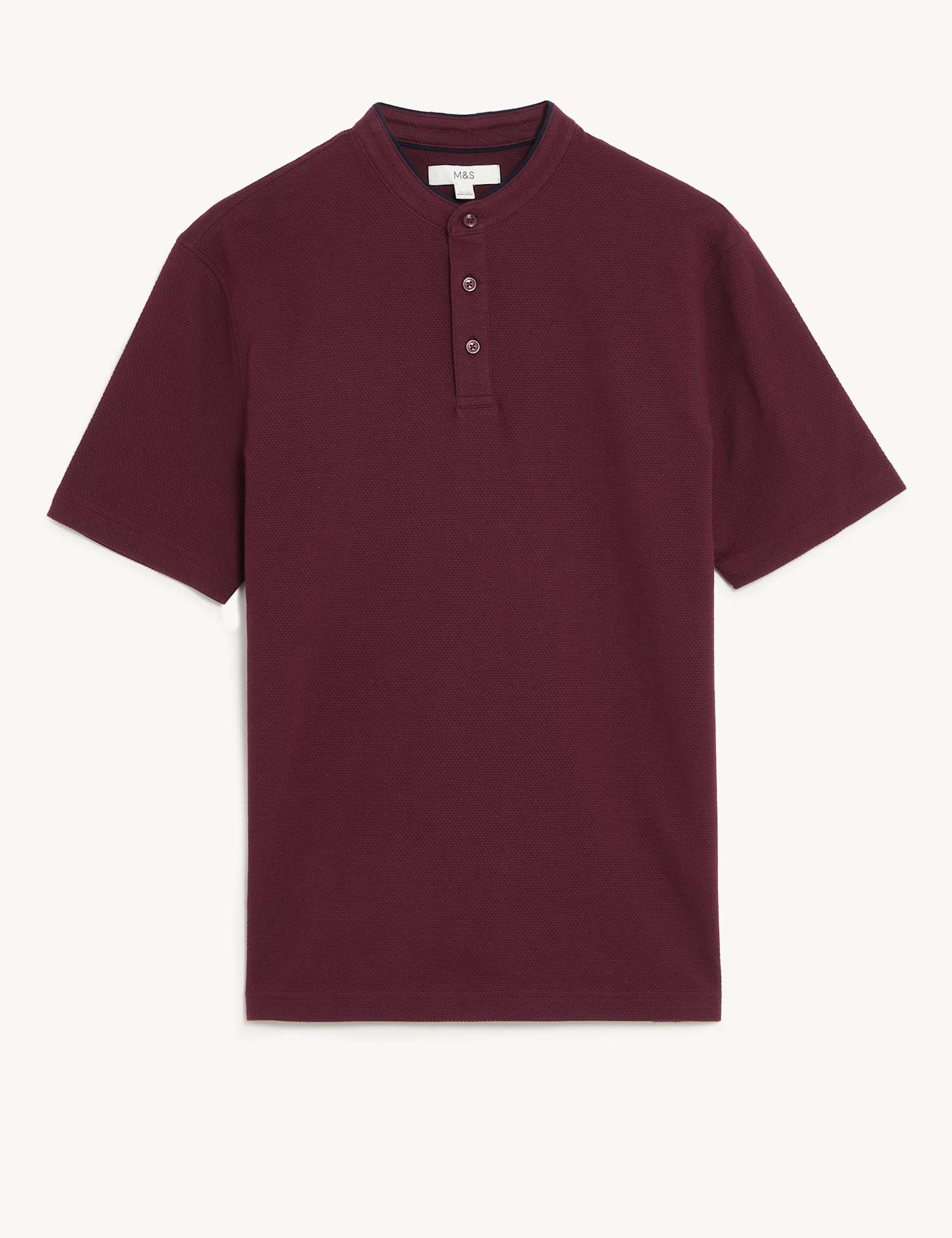 M&S Cotton Rich Grandad Collar Polo Shirt Dark Burgundy