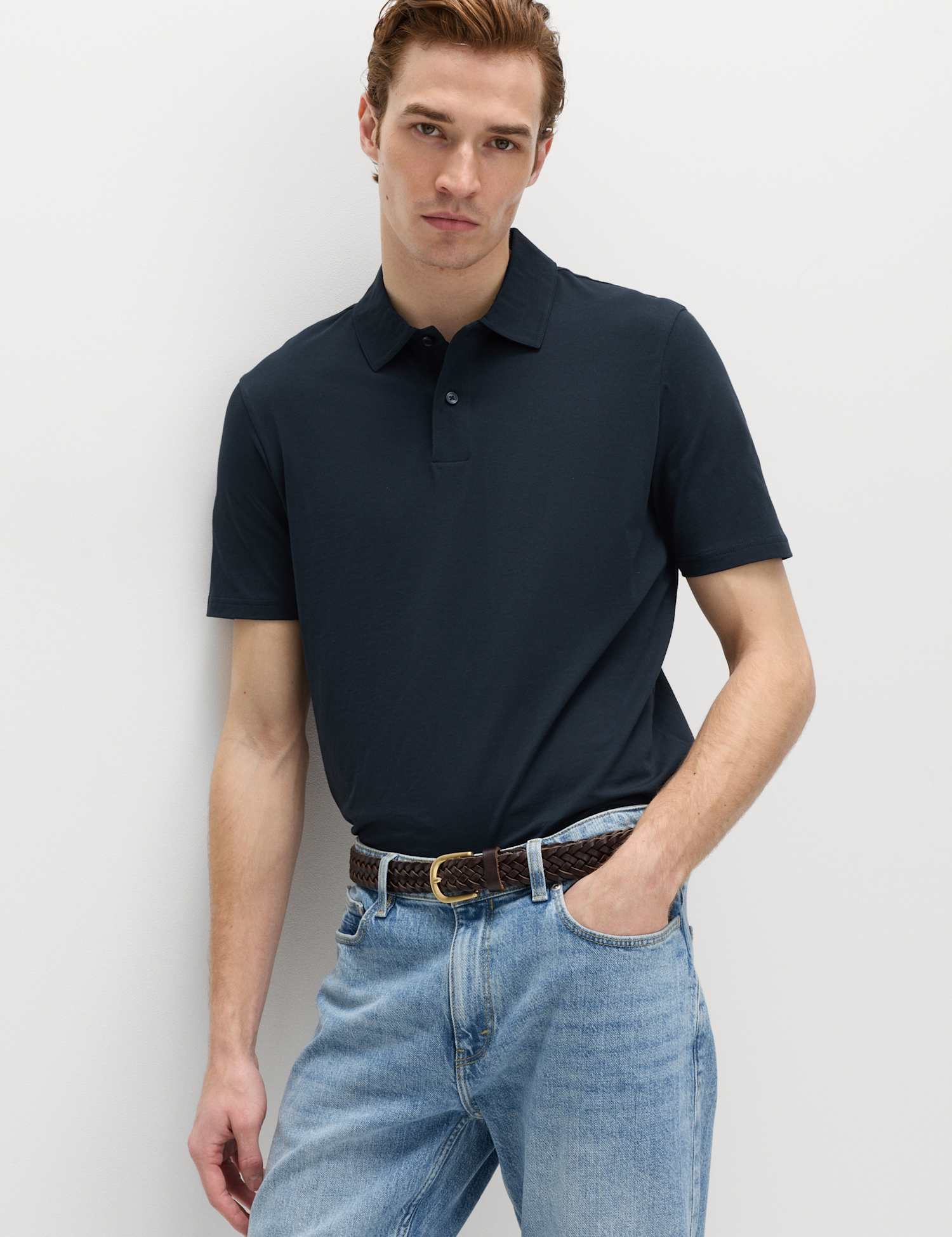M&S Pure Cotton Jersey Polo Shirt Navy