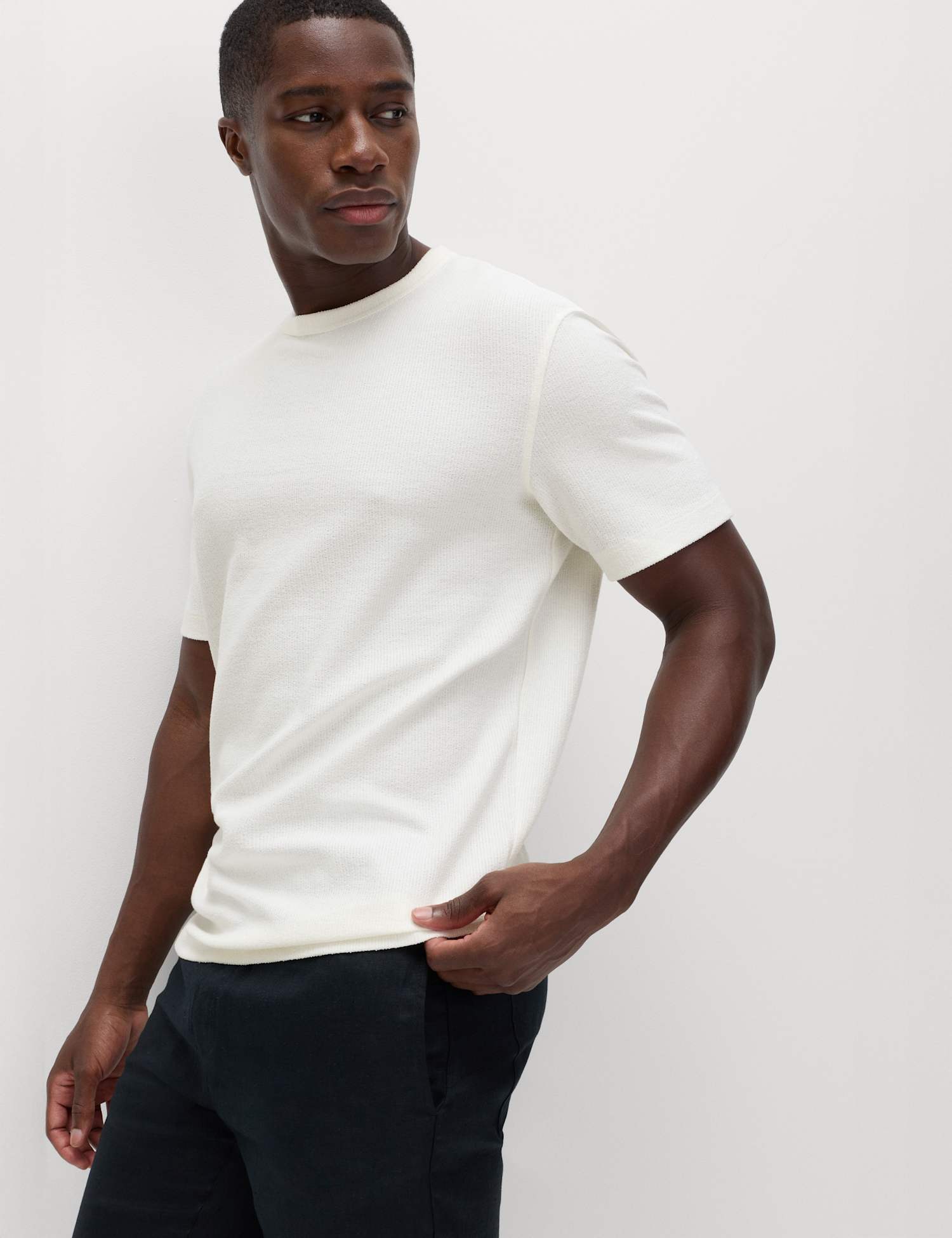 M&S Relaxed Fit Cotton Blend Textured T-Shirt Ivory