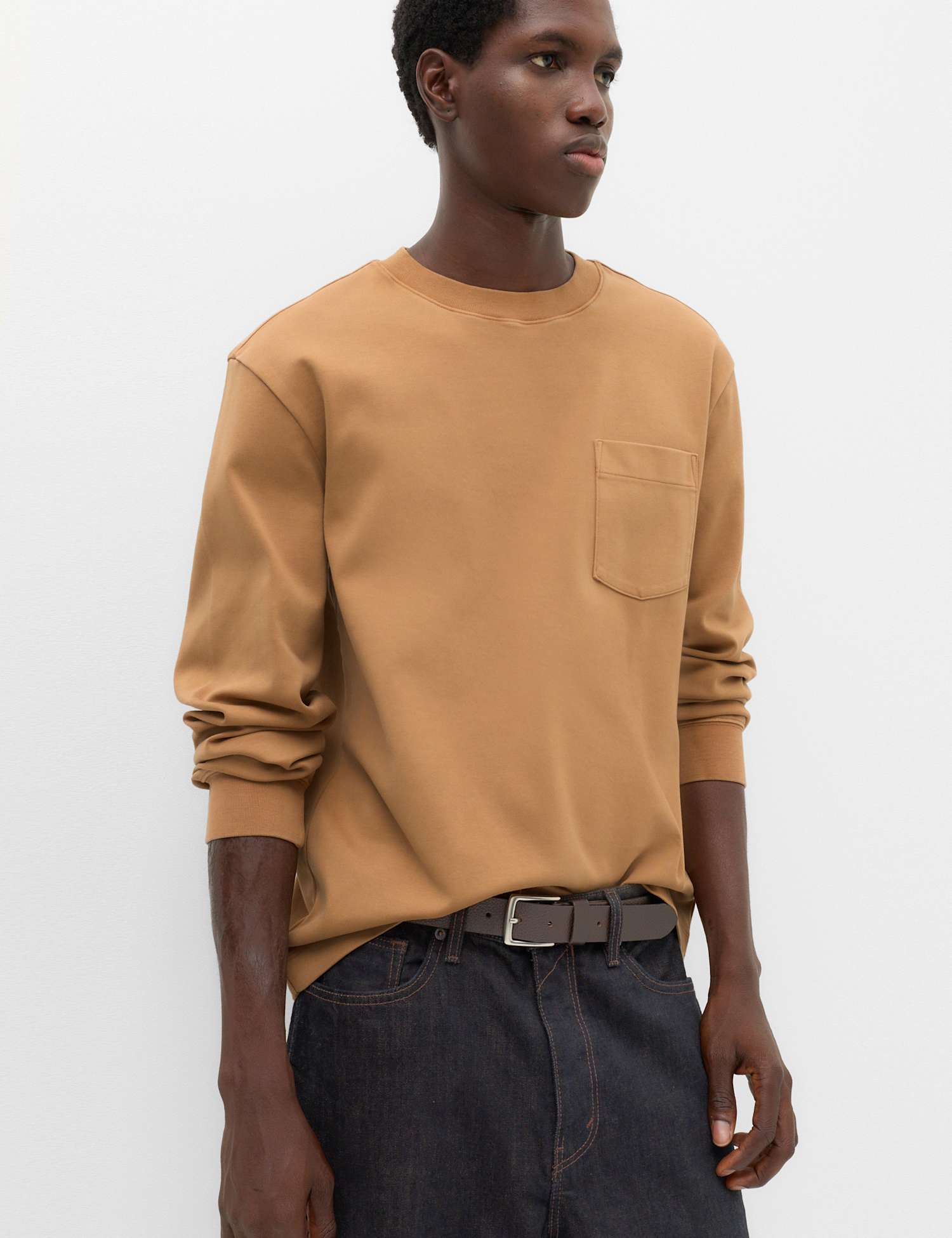 M&S Cotton Rich Garment Dye Long Sleeve T-Shirt Butterscotch