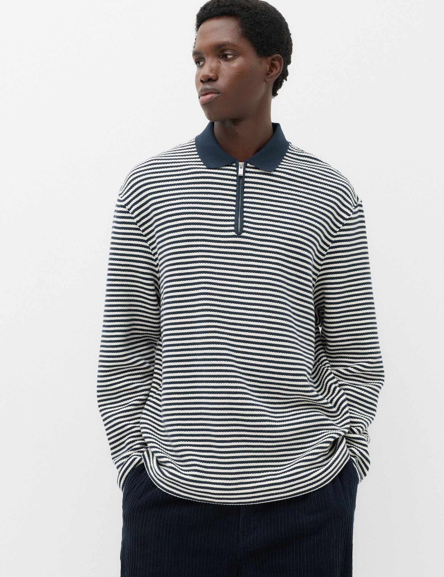 M&S Pure Cotton Half Zip Striped Polo Shirt Navy