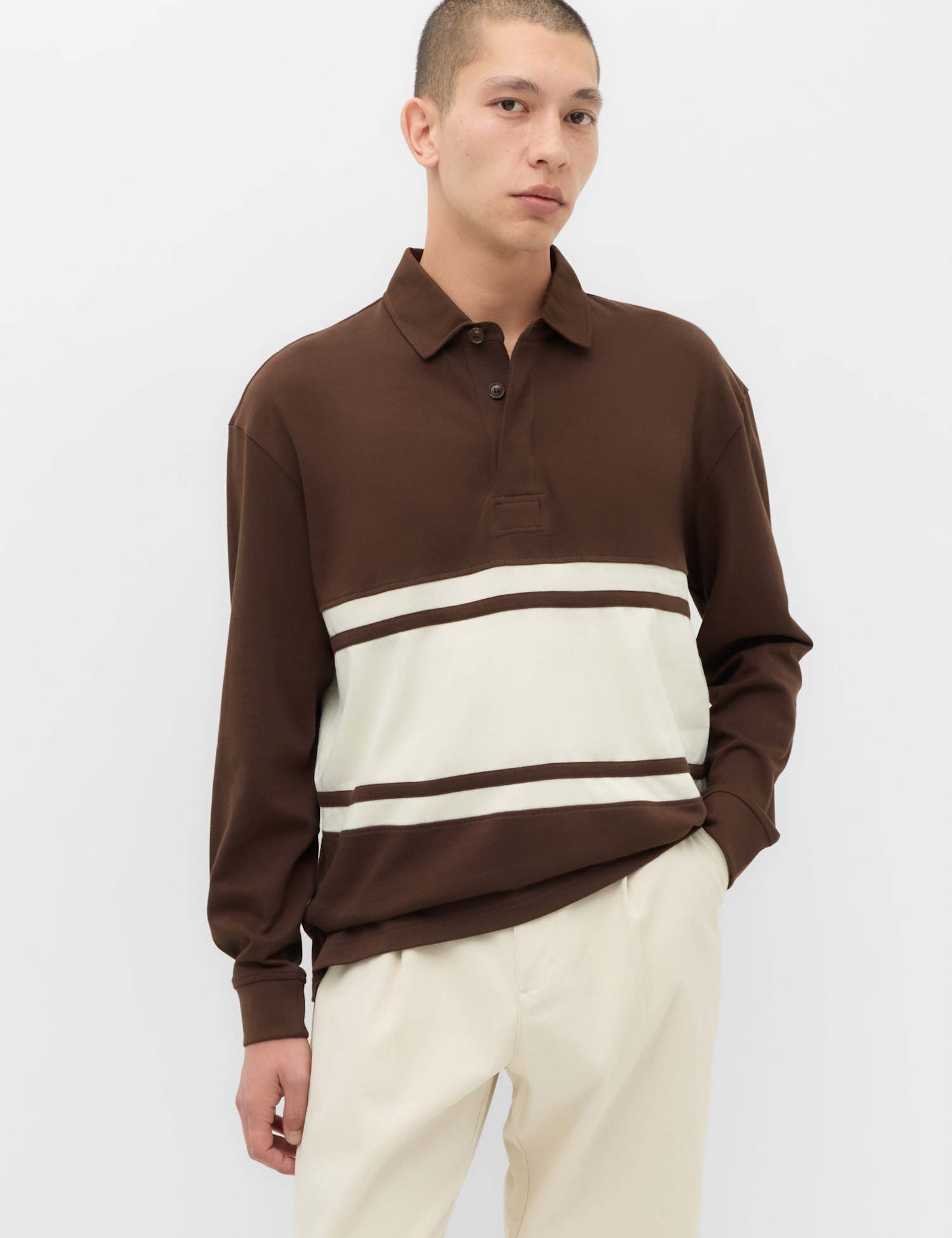 M&S Pure Cotton Chest Stripe Rugby Dark Brown