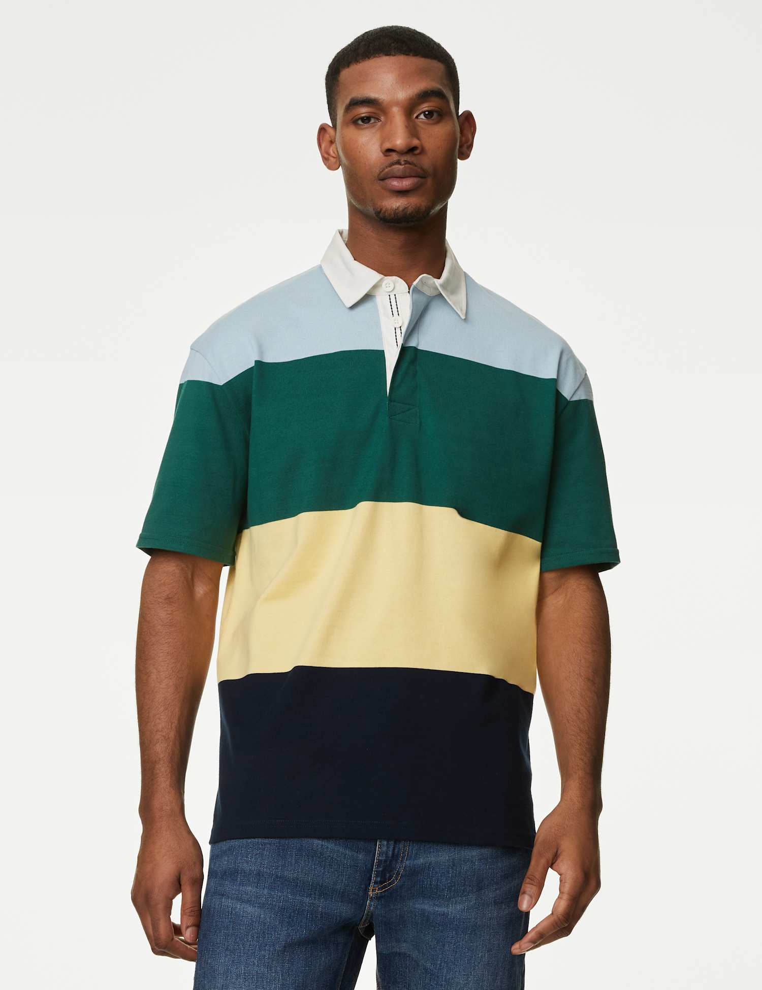 M&S Oversized Pure Cotton Short Sleeve Rugby Shirt Green Mix