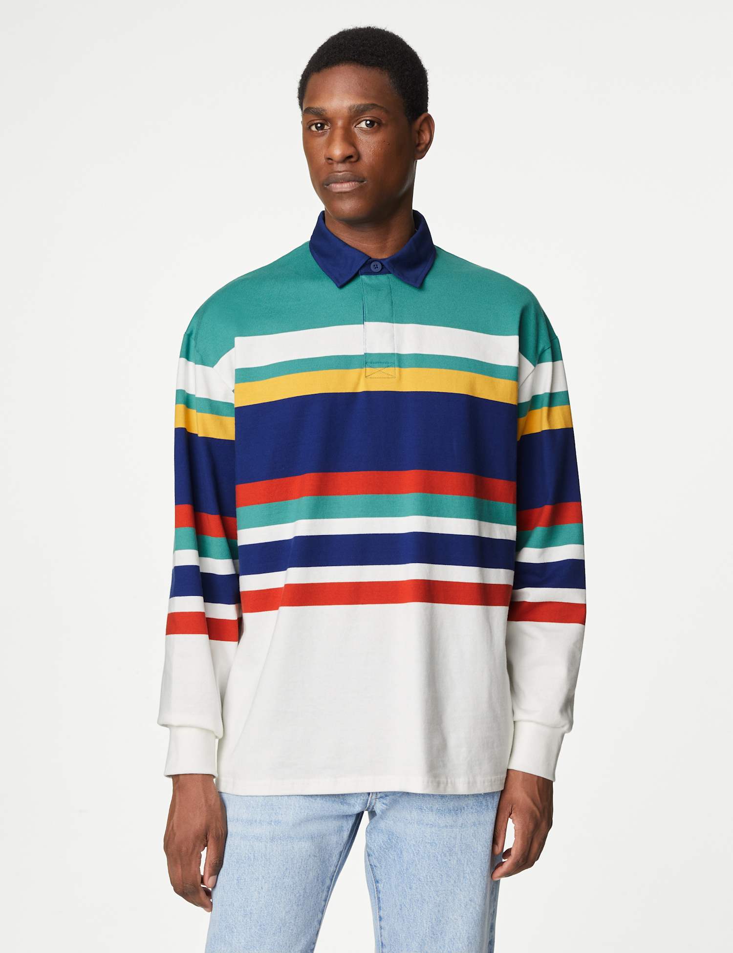 M&S Pure Cotton Colour Block Rugby Shirt Green Mix