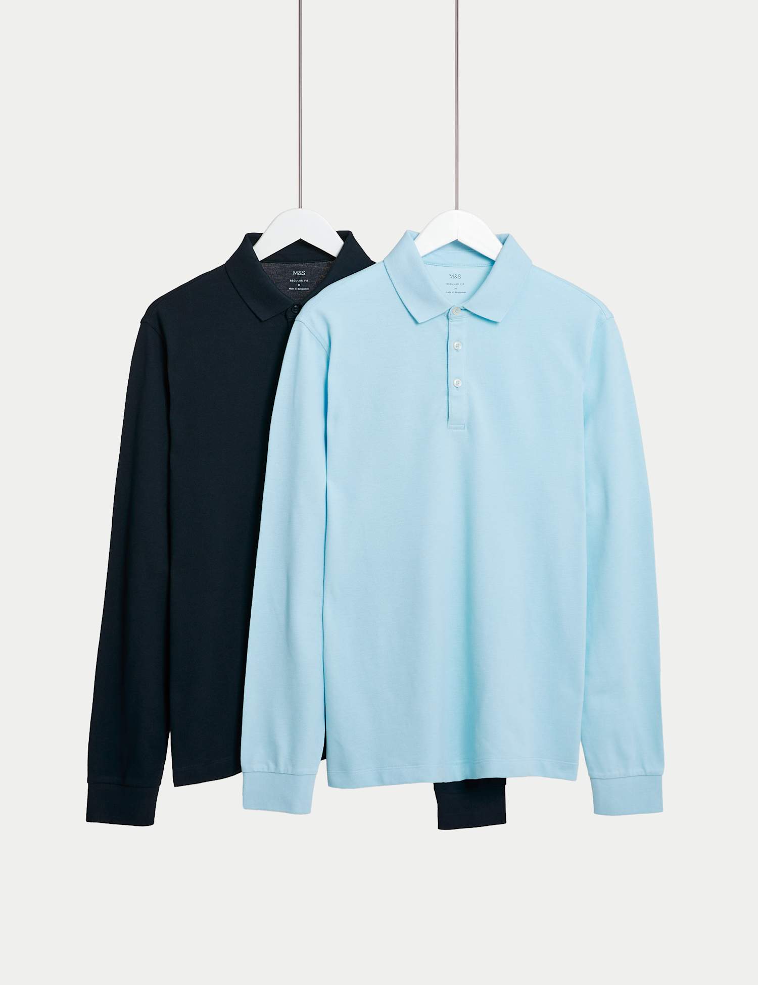 M&S 2 Pack Pure Cotton Long Sleeve Polo Shirts Pale Blue Mix