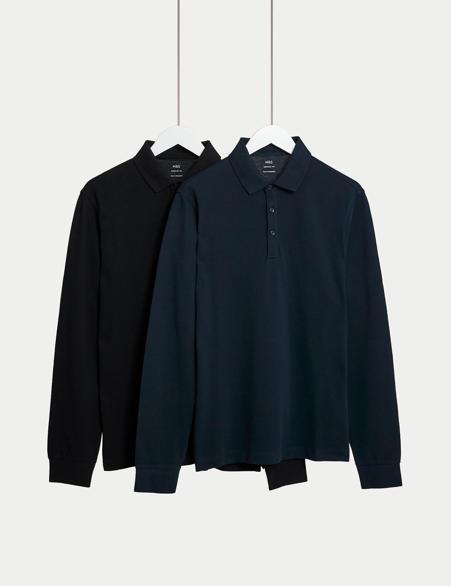 M&S 2 Pack Pure Cotton Long Sleeve Polo Shirts Black Mix