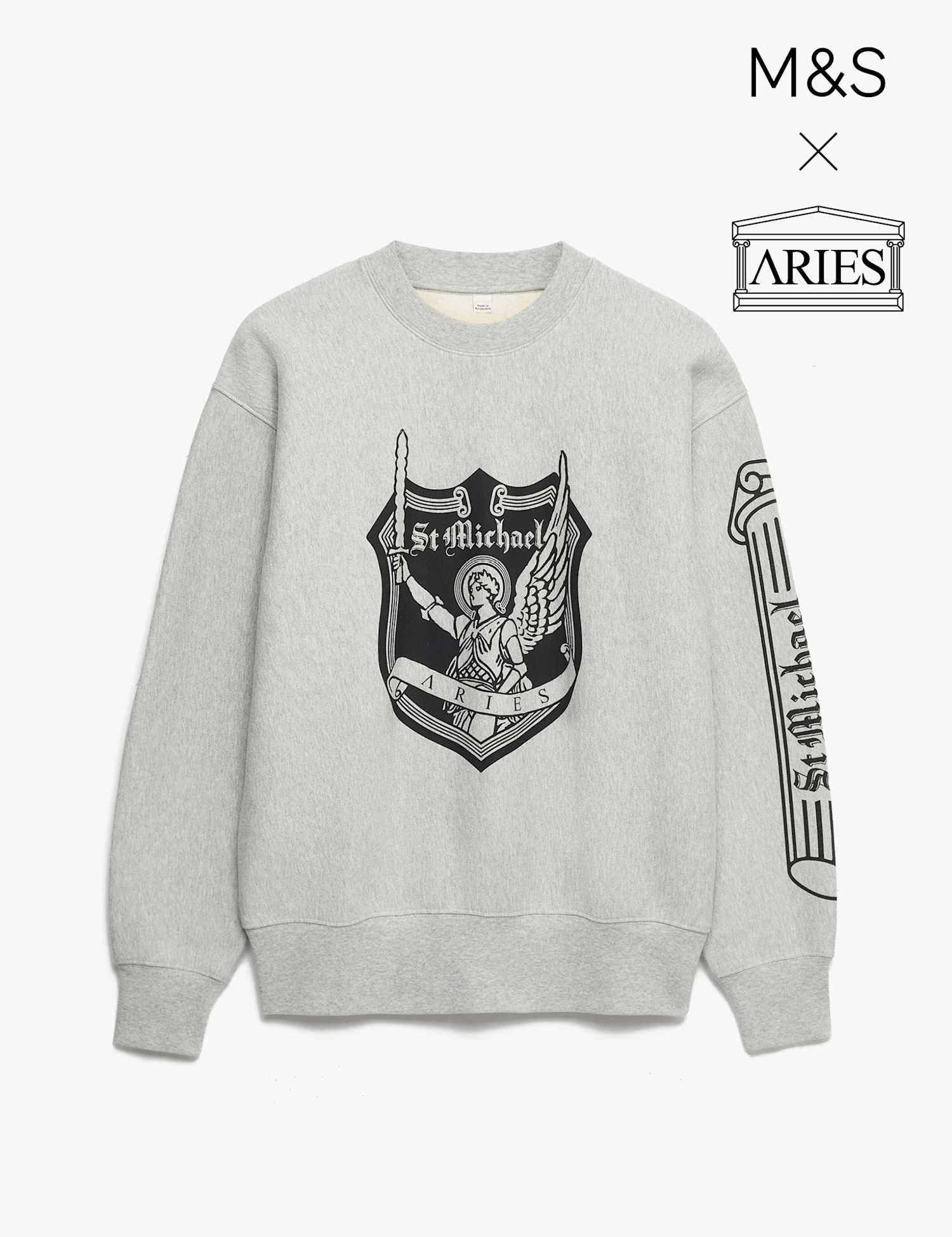 M&S x Aries Pure Cotton Graphic Crew Neck Sweatshirt Grey Mix