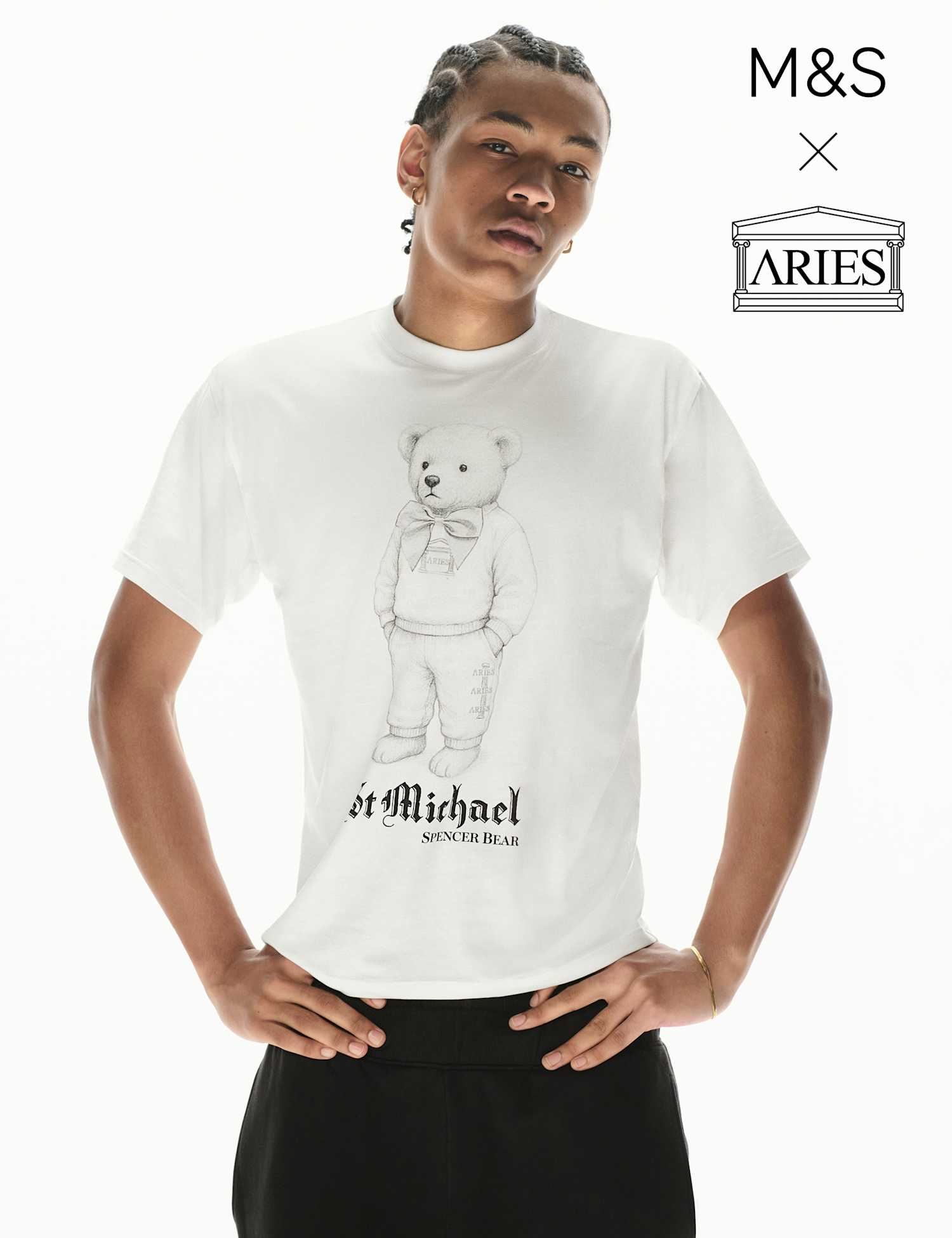 M&S x Aries Pure Cotton Spencer Bear� Graphic T-Shirt White