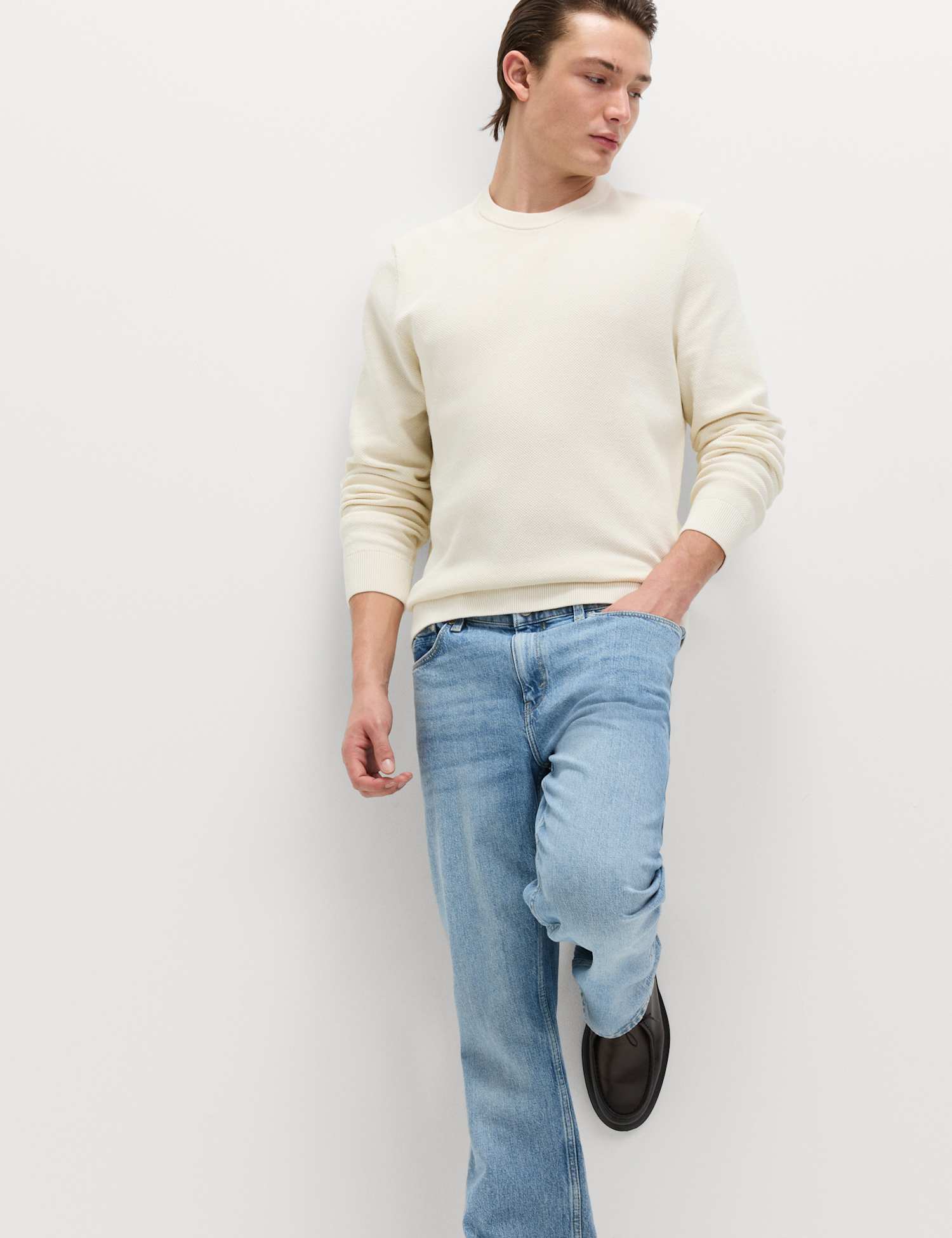 M&S Pure Cotton Textured Crew Neck Jumper Ecru