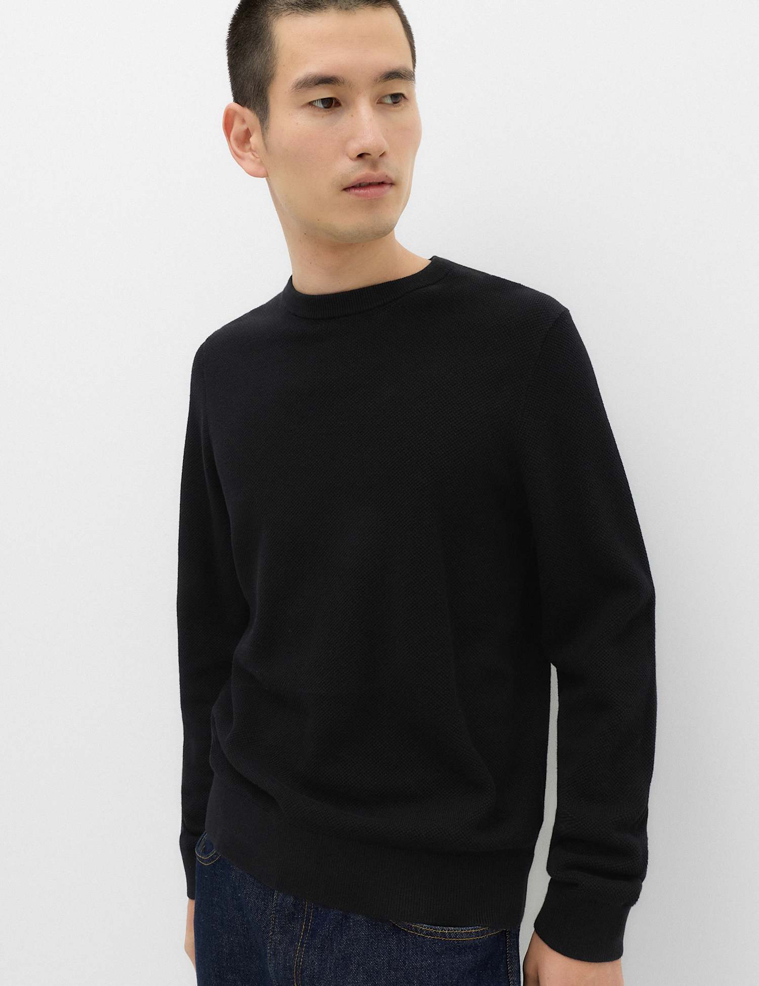 M&S Pure Cotton Textured Crew Neck Jumper Black