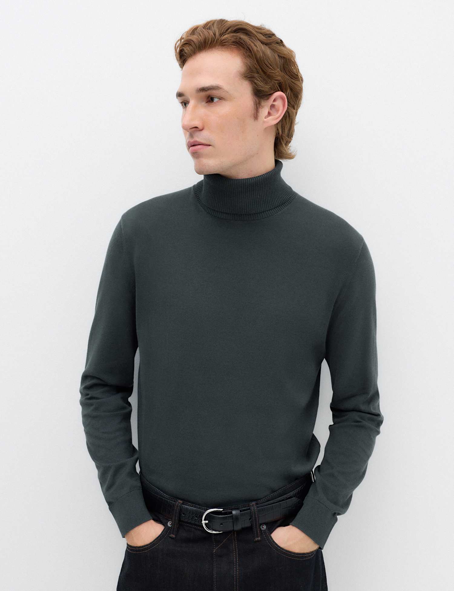 M&S Pure Cotton Roll Neck Jumper Dark Evergreen