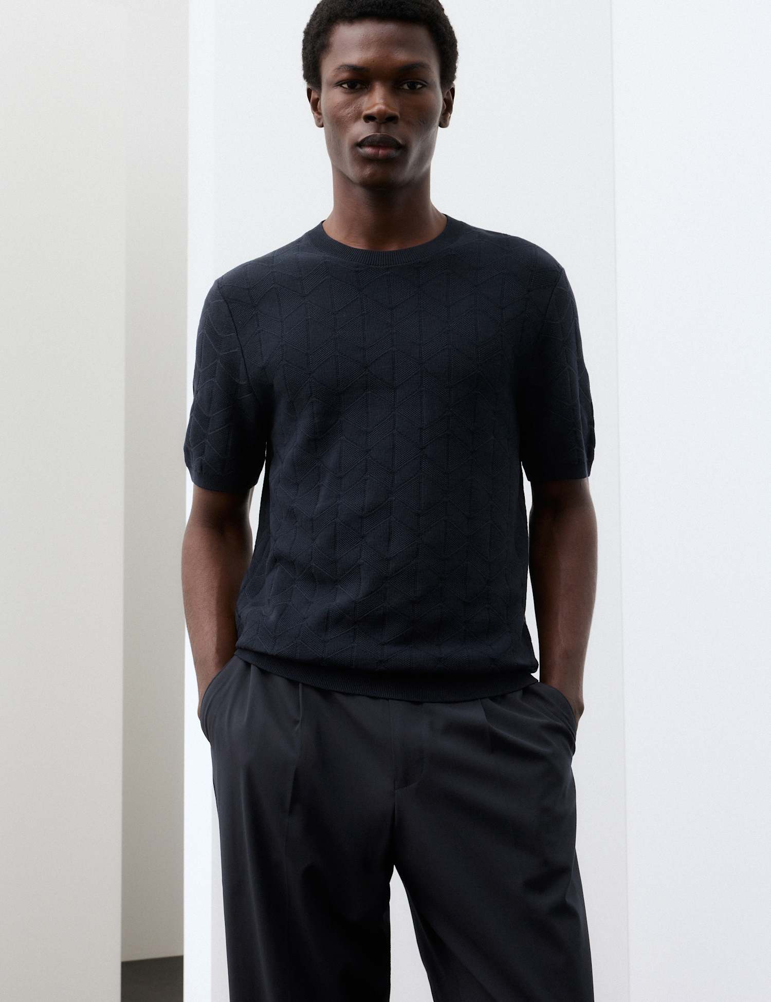 Autograph Mercerised Cotton Geometric Knitted T-shirt Navy