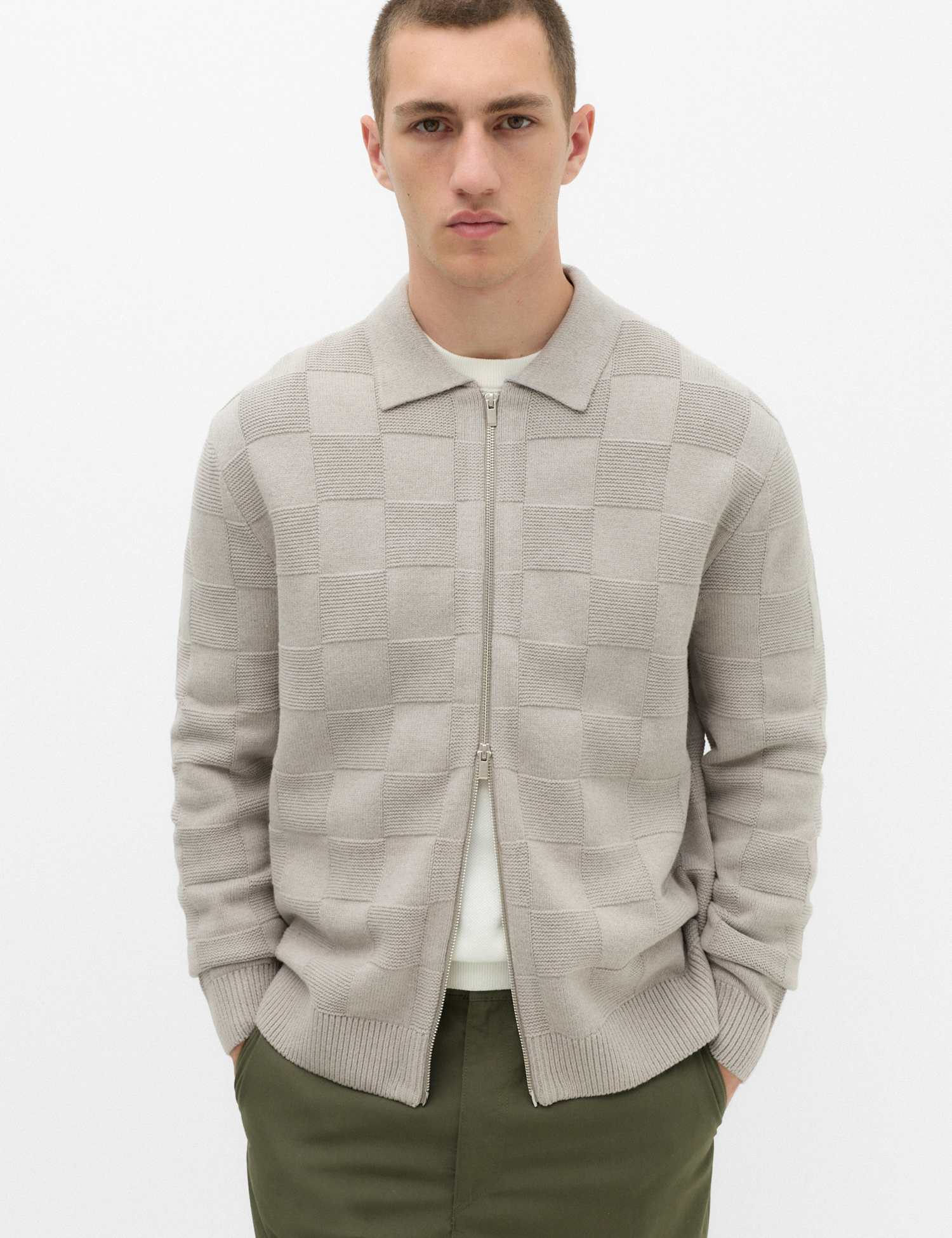 M&S Cotton Rich Checked Zip Up Knitted Jacket Pebble