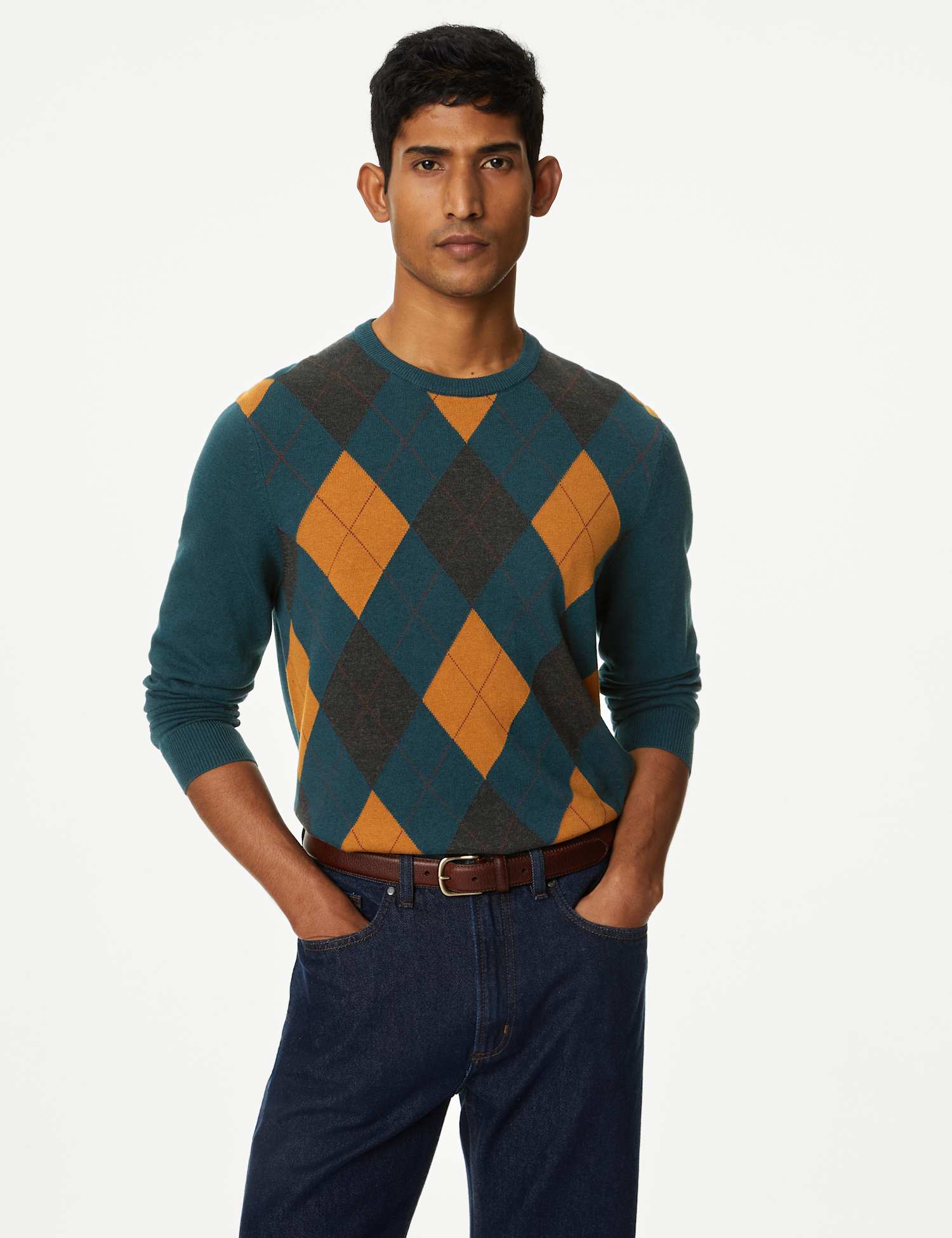M&S Pure Cotton Argyle Crew Neck Jumper Teal Mix