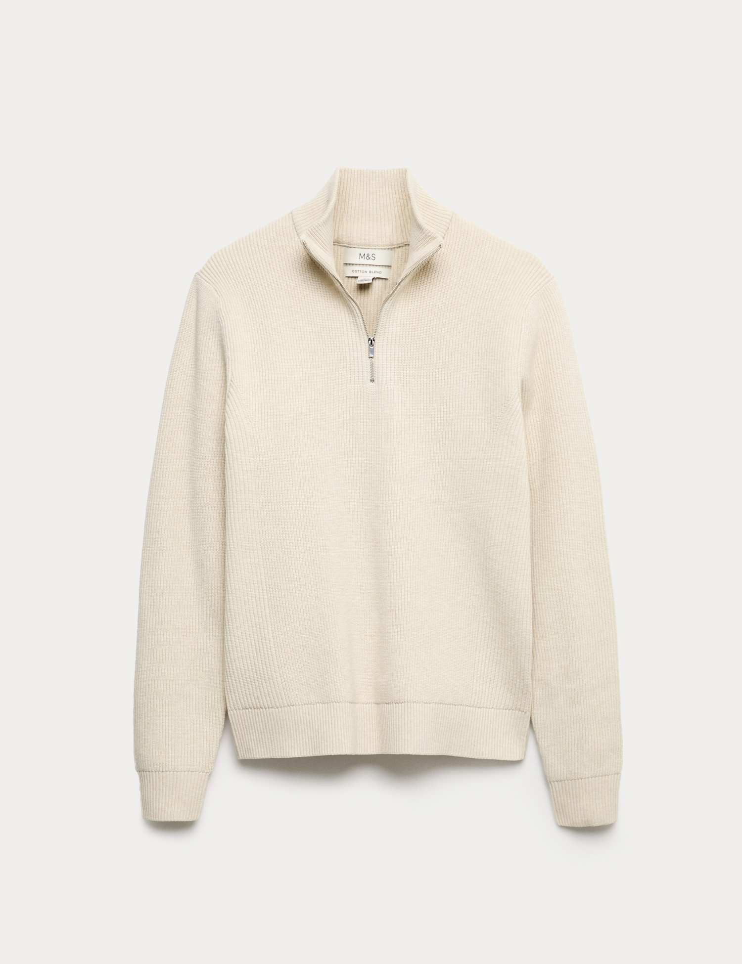 M&S Cotton Blend Ribbed Half Zip Jumper Ecru