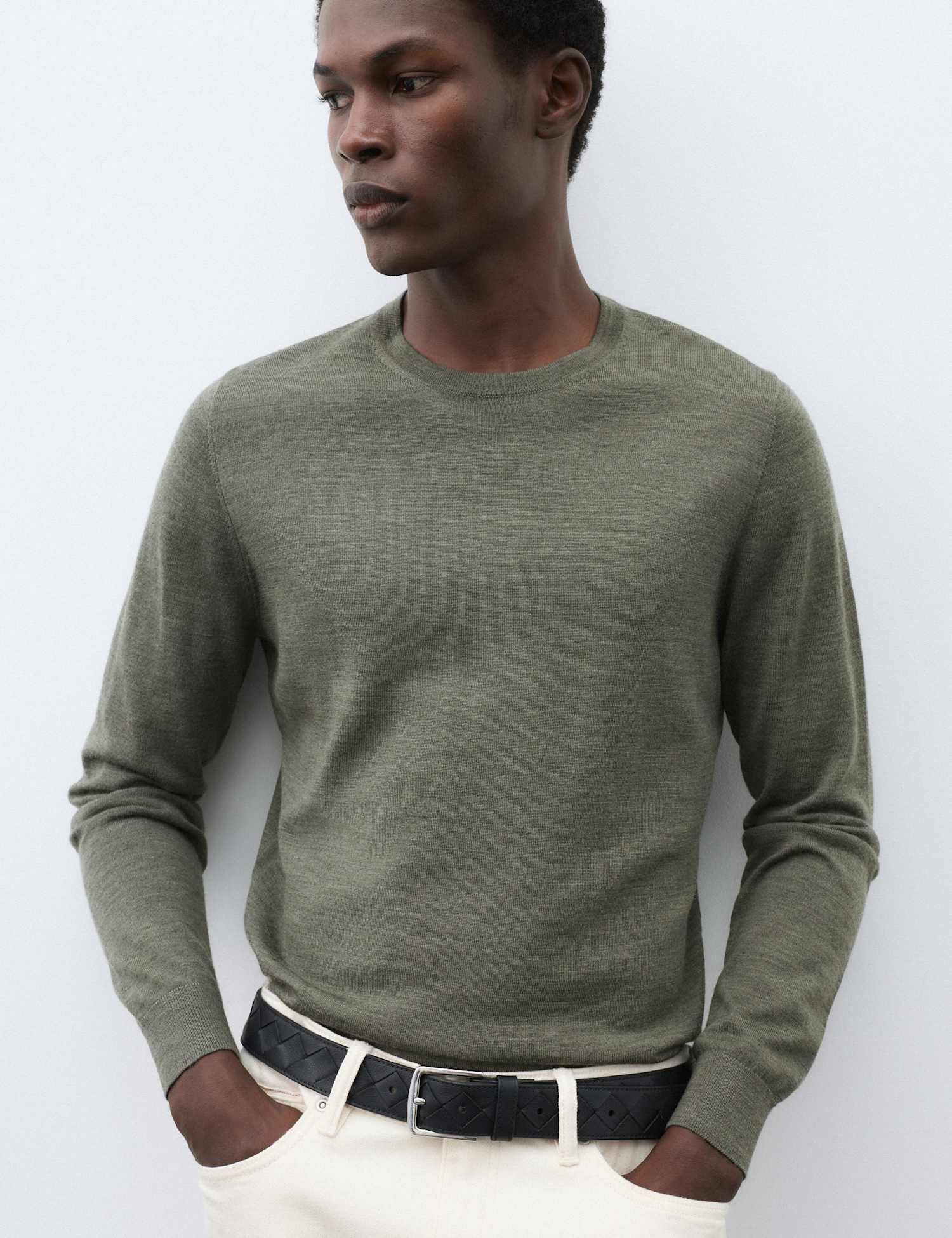 Autograph Pure Extra Fine Merino Wool Crew Neck Jumper Khaki/Olive
