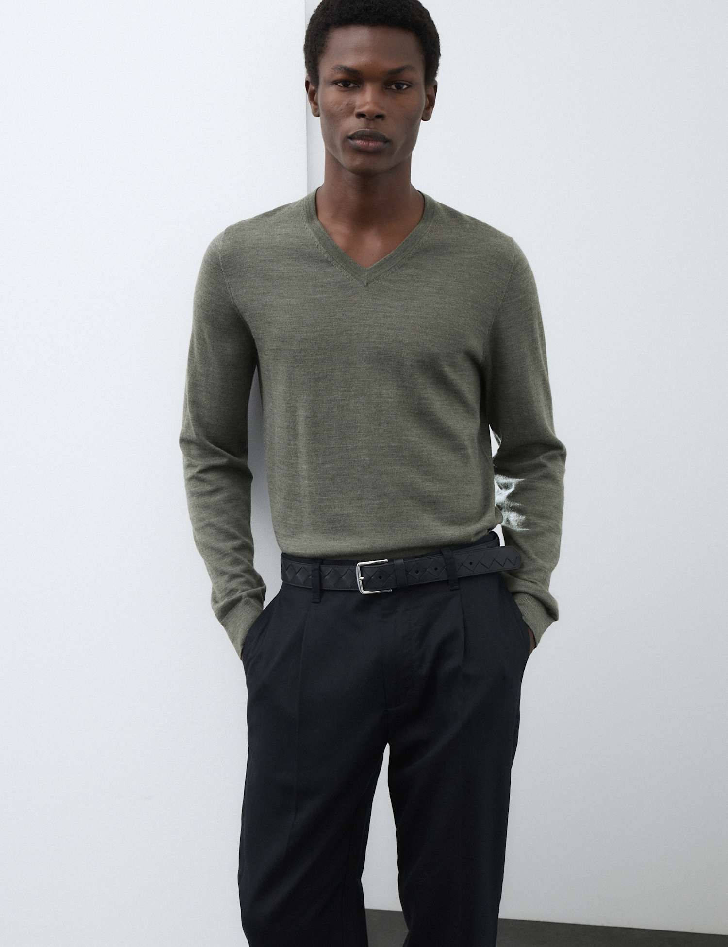 Autograph Pure Extra Fine Merino Wool V-Neck Jumper Khaki/Olive