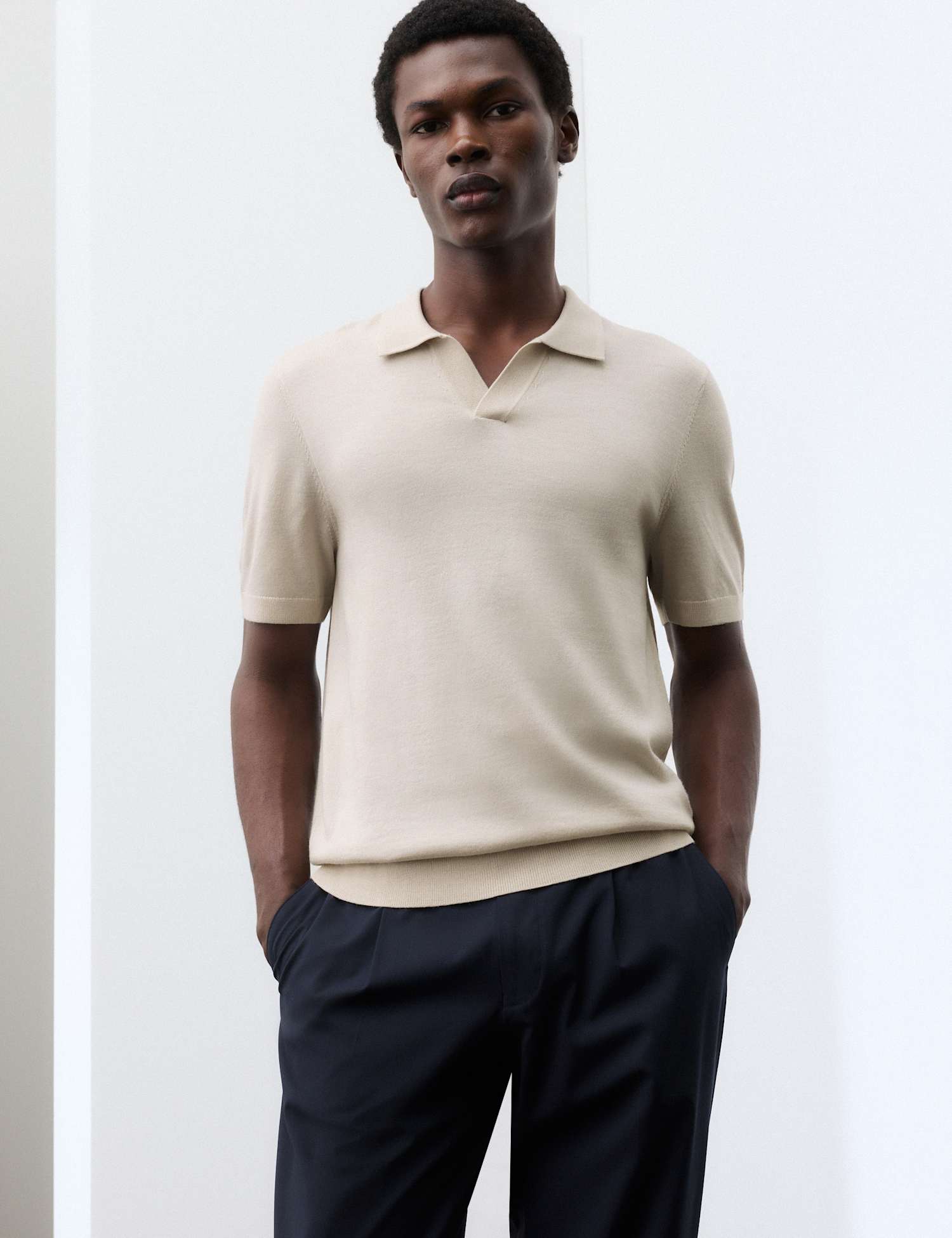 Autograph Pure Extra Fine Merino Wool Knitted Polo Shirt Stone