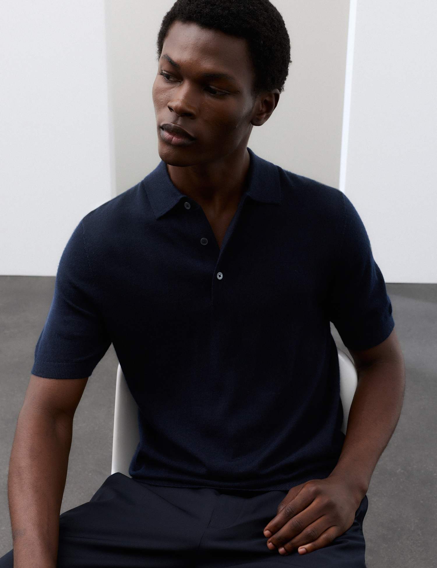 Autograph Pure Extra Fine Merino Wool Knitted Polo Shirt Dark Navy