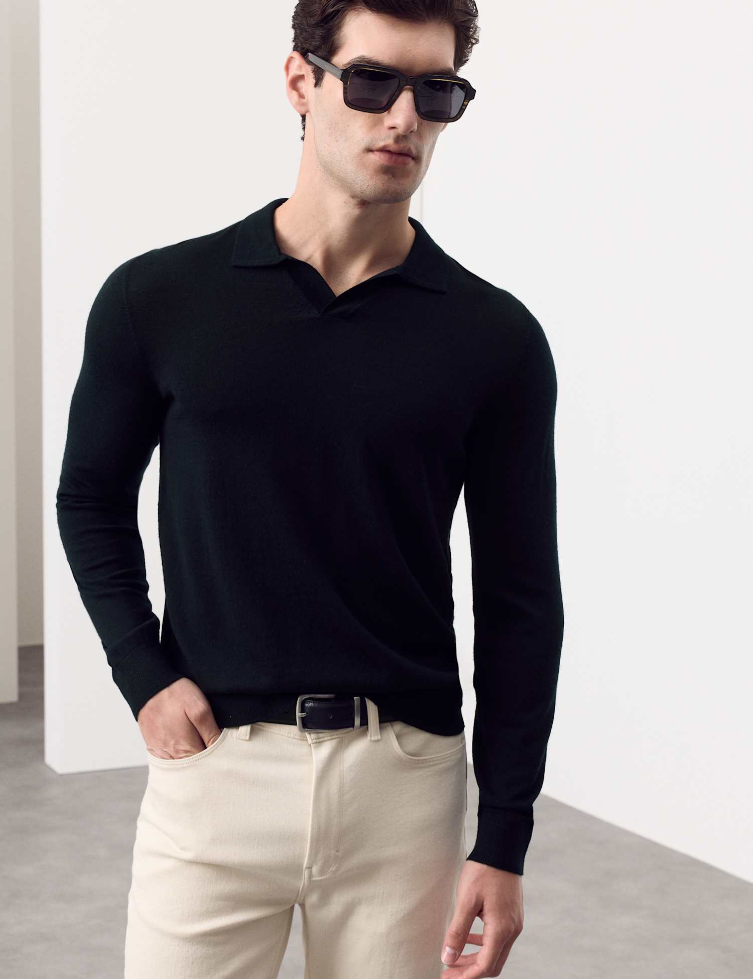 Autograph Pure Extra Fine Merino Wool Knitted Polo Shirt Dark Navy