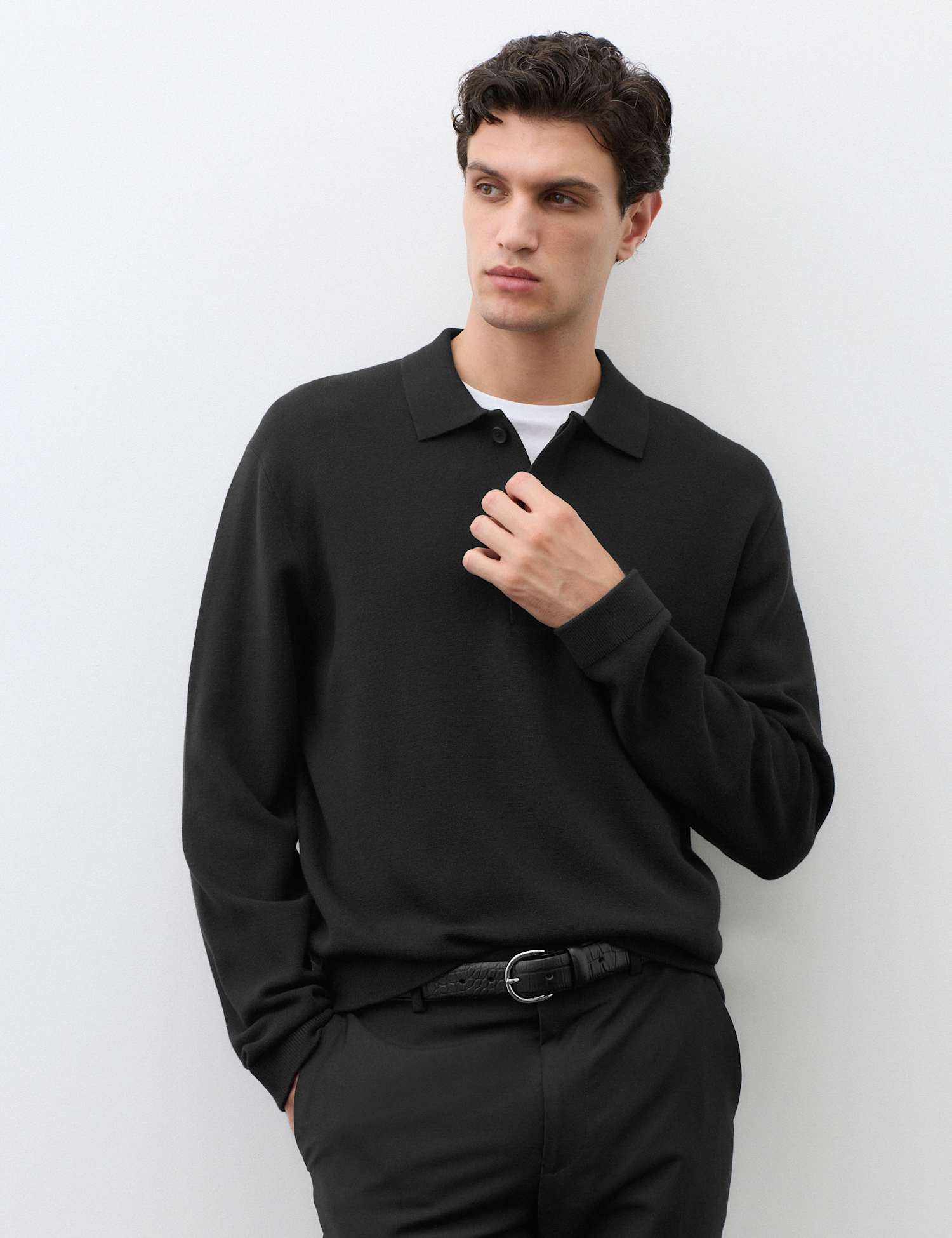 Autograph Long Sleeve Knitted Polo Shirt Black