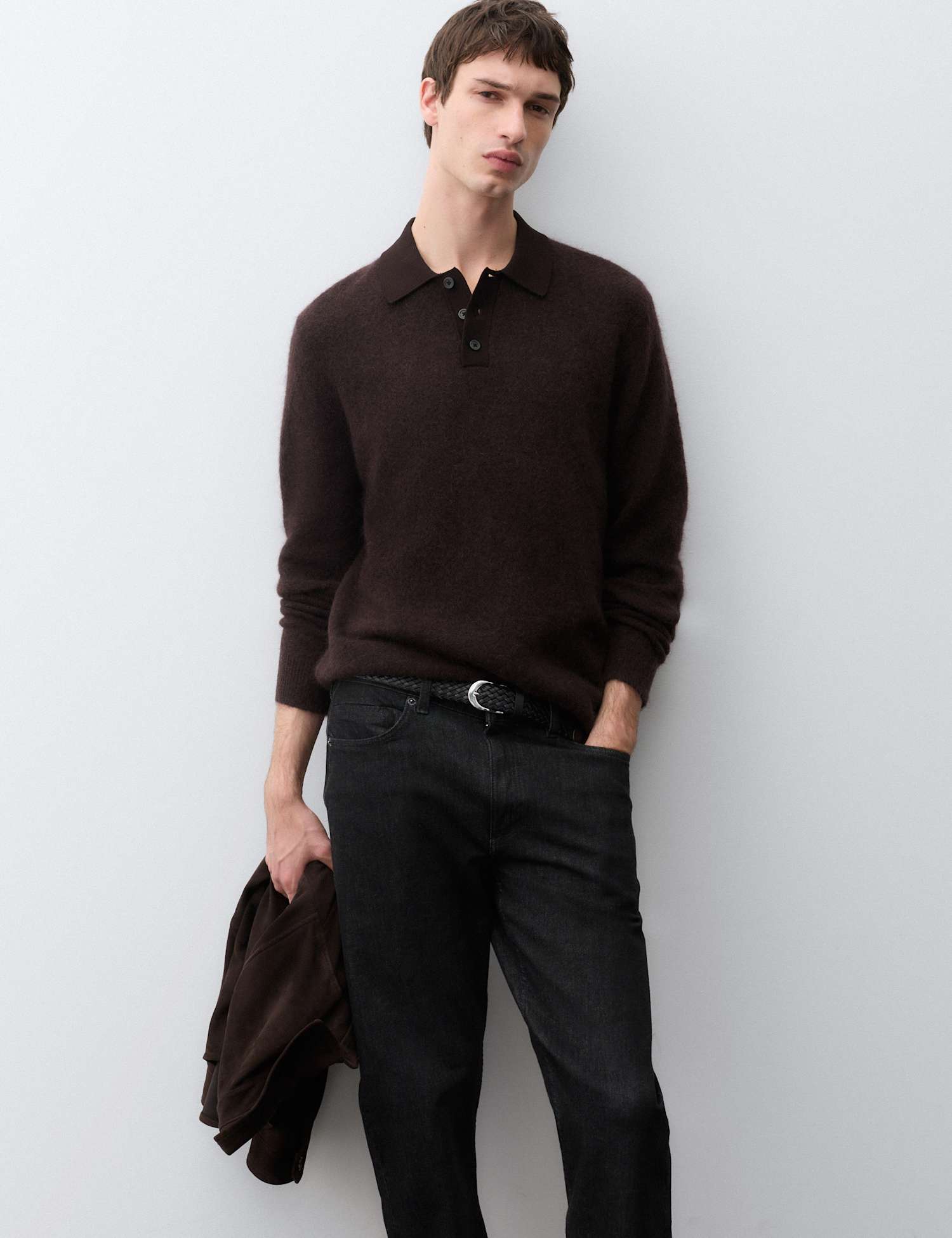 M&S Mohair Wool Blend Knitted Polo Shirt Teak