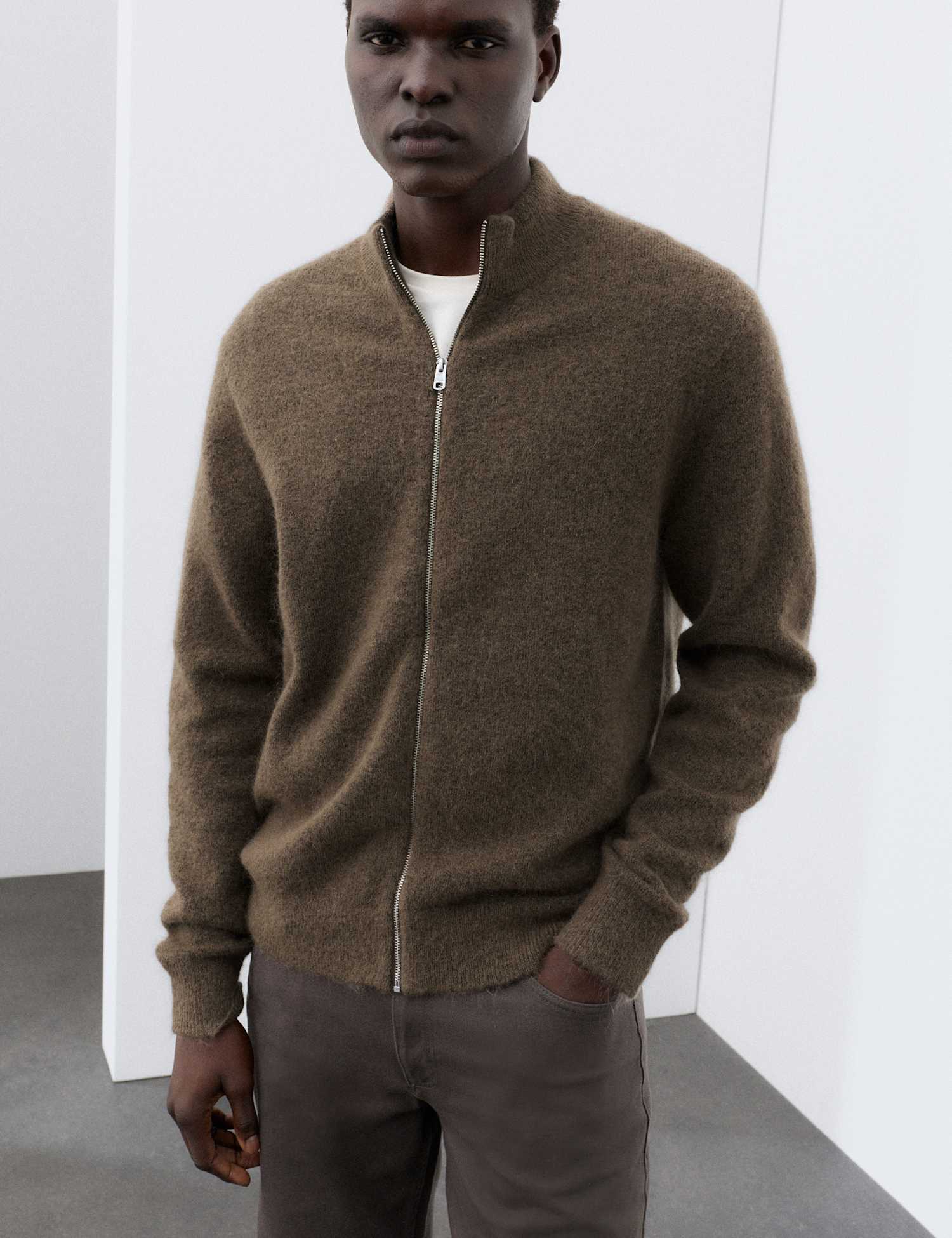Autograph Merino Wool Blend Funnel Neck Zip Up Cardigan Truffle