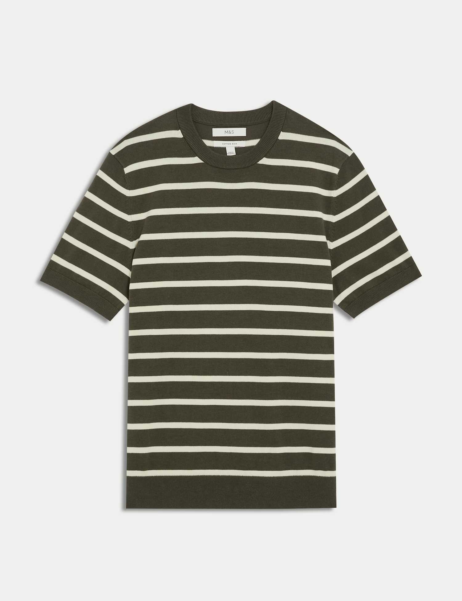 M&S Cotton Rich Striped Knitted T-Shirt Khaki Mix