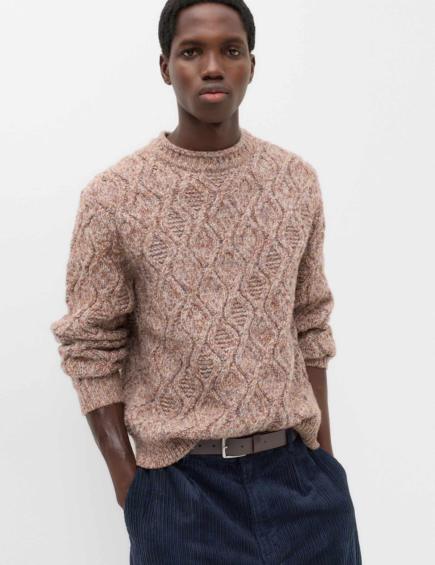 M&S Cable Crew Neck Jumper with Wool Natural Mix
