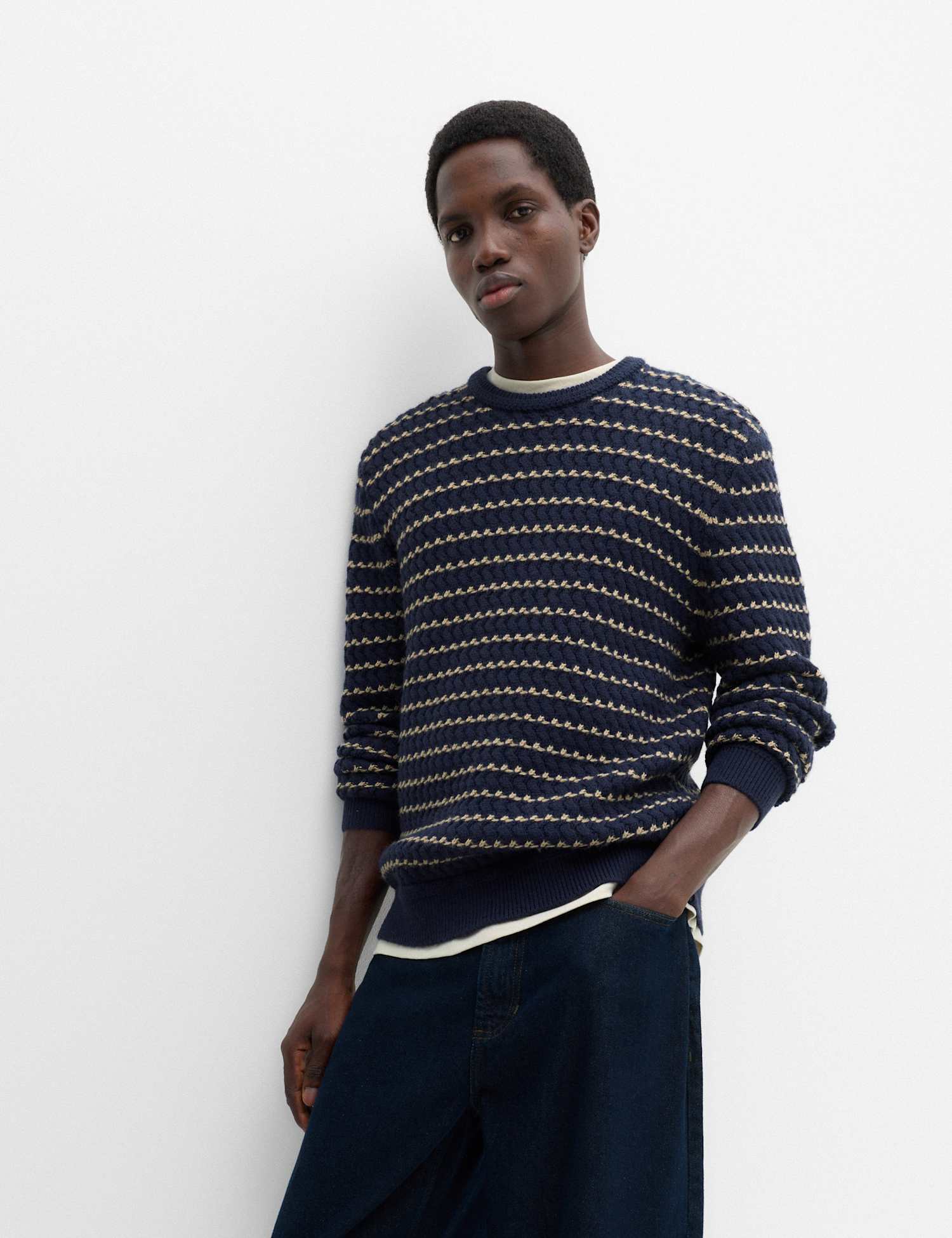 M&S Wool Blend Striped Crew Neck Jumper Navy Mix
