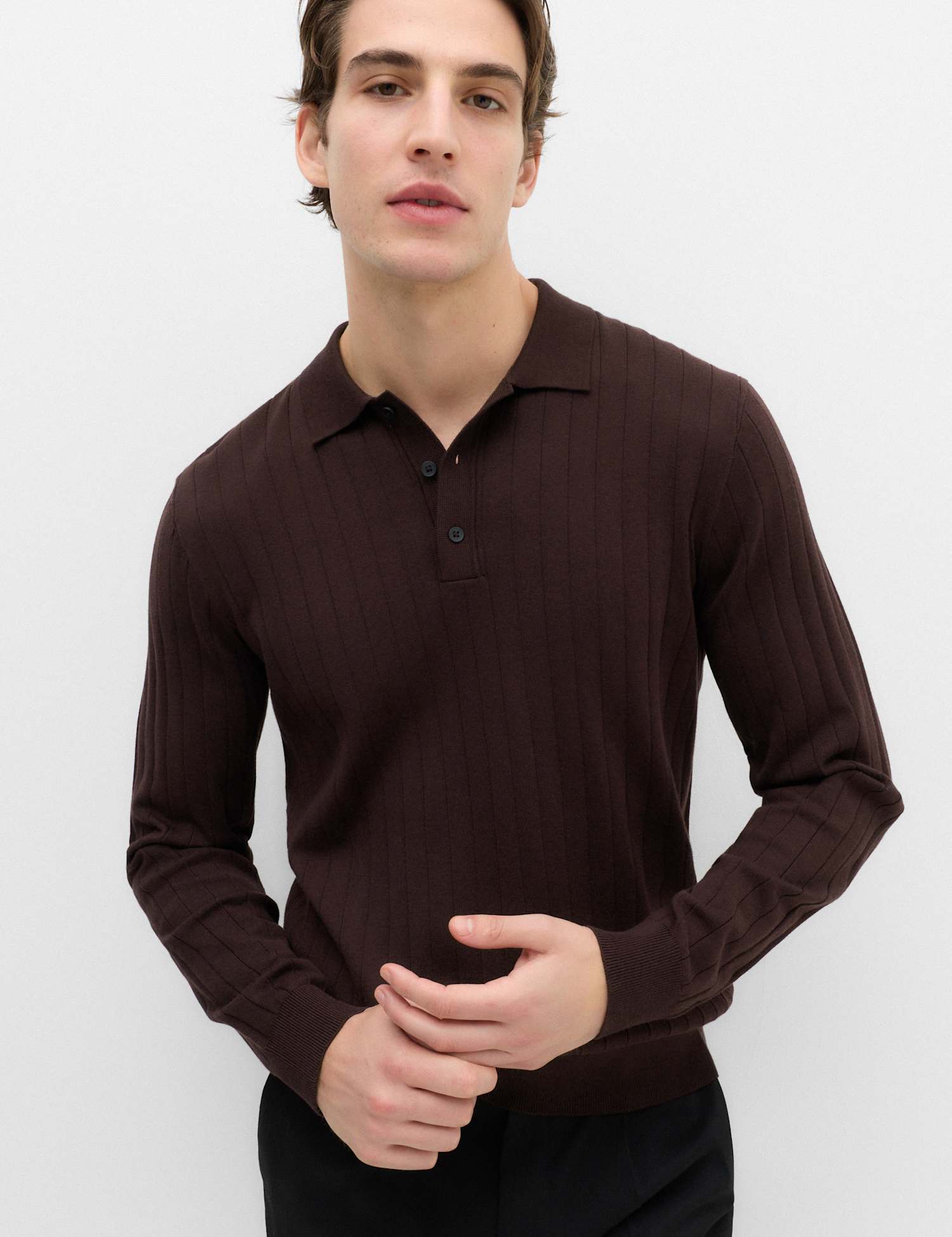 M&S Cotton Blend Smart Rib Knit Polo Shirt Bordeaux
