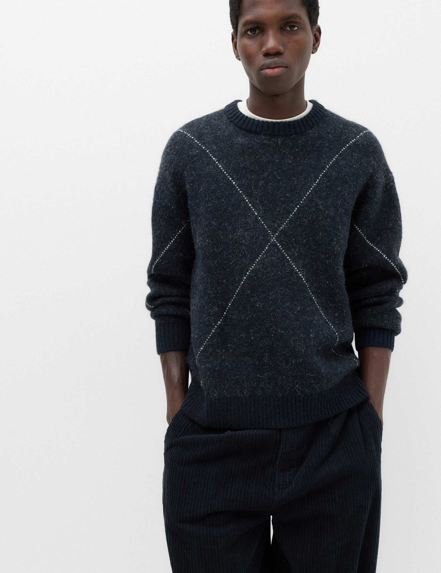 M&S Argyle Crew Neck Jumper Navy Mix