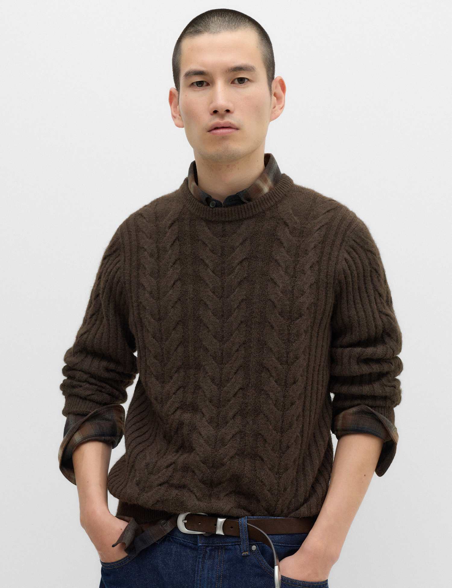 M&S Cable Knit Crew Neck Jumper Bitter Chocolate