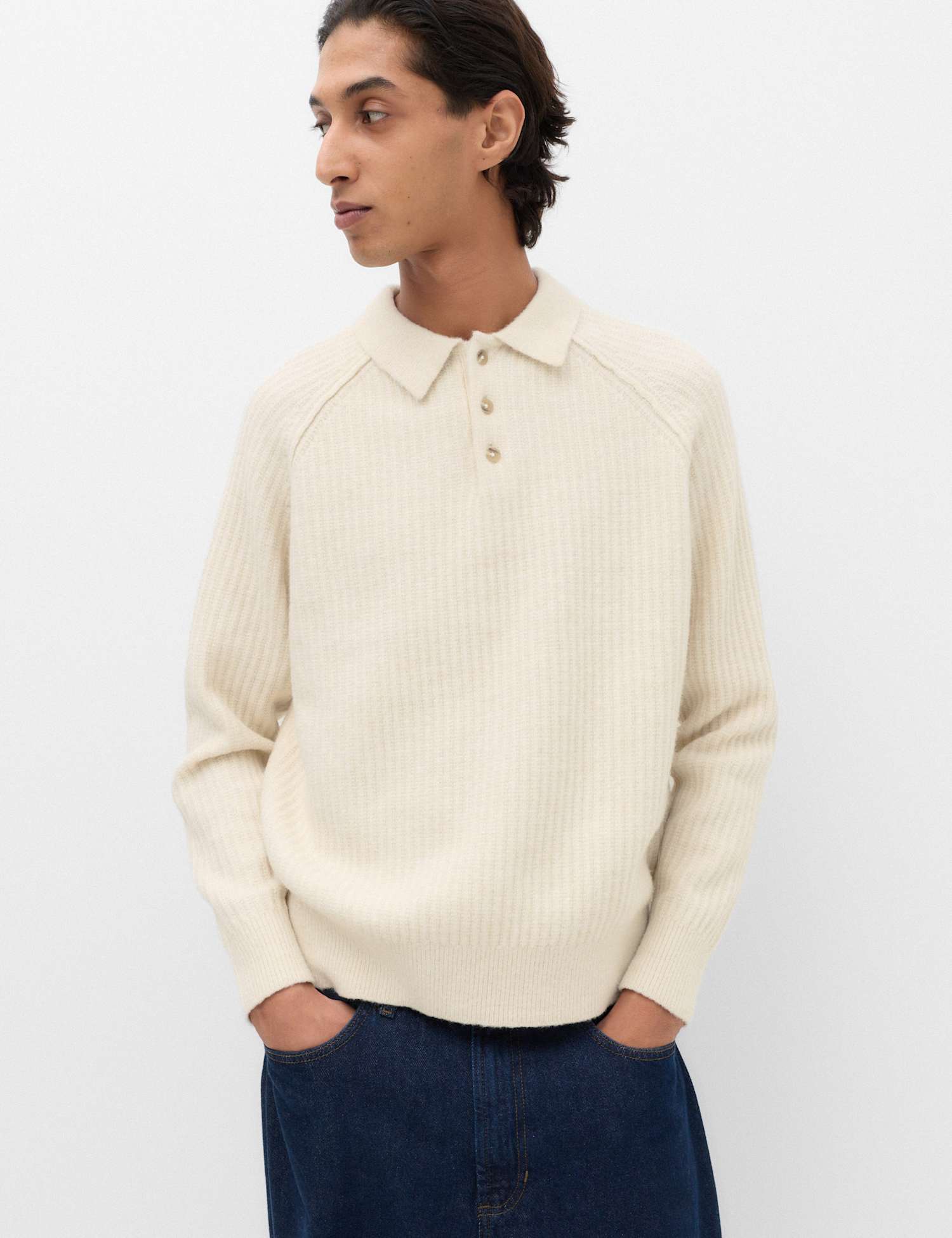 M&S Lofty Relaxed Fit Ribbed Knit Polo Shirt Ecru