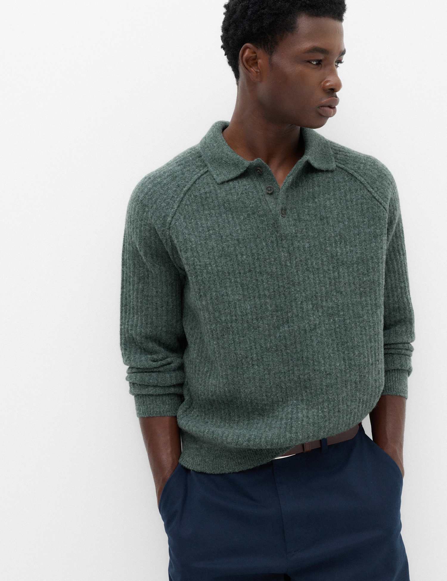 M&S Lofty Relaxed Fit Ribbed Knit Polo Shirt Cedar