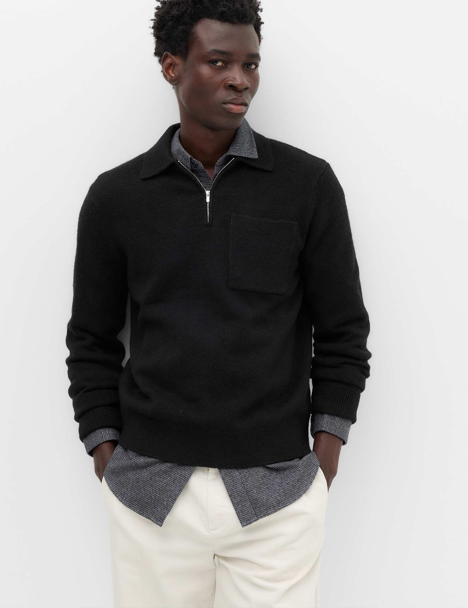 M&S Supersoft Quarter Zip Knitted Polo Shirt Black