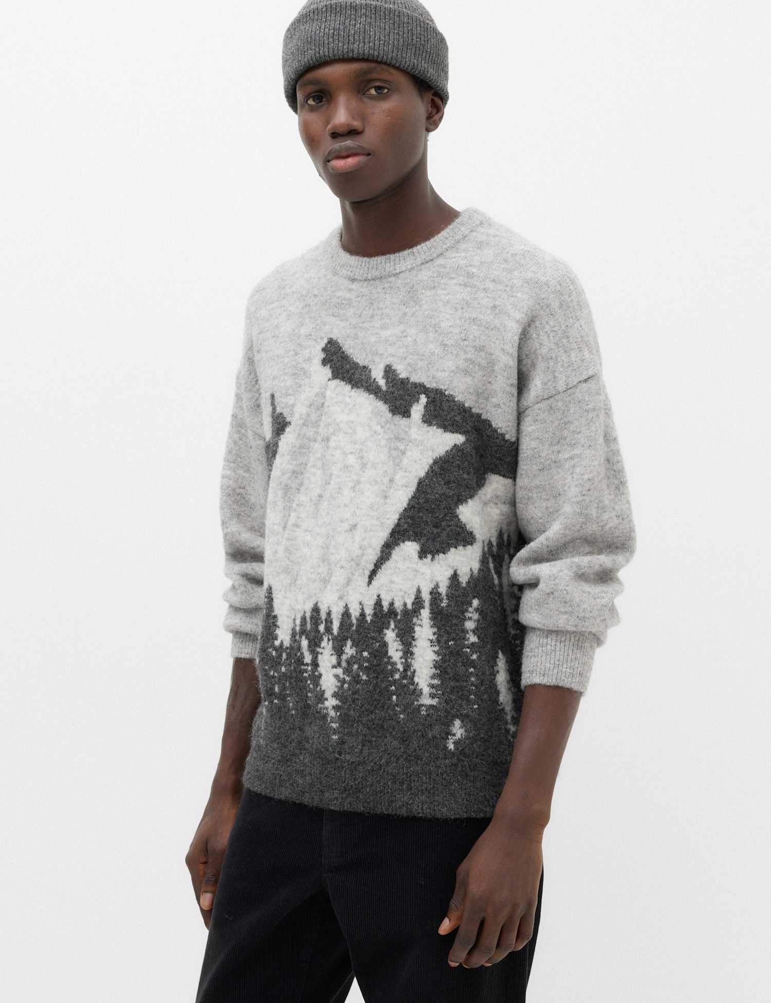 M&S Mountain Scene Crew Neck Jumper with Wool Grey Mix