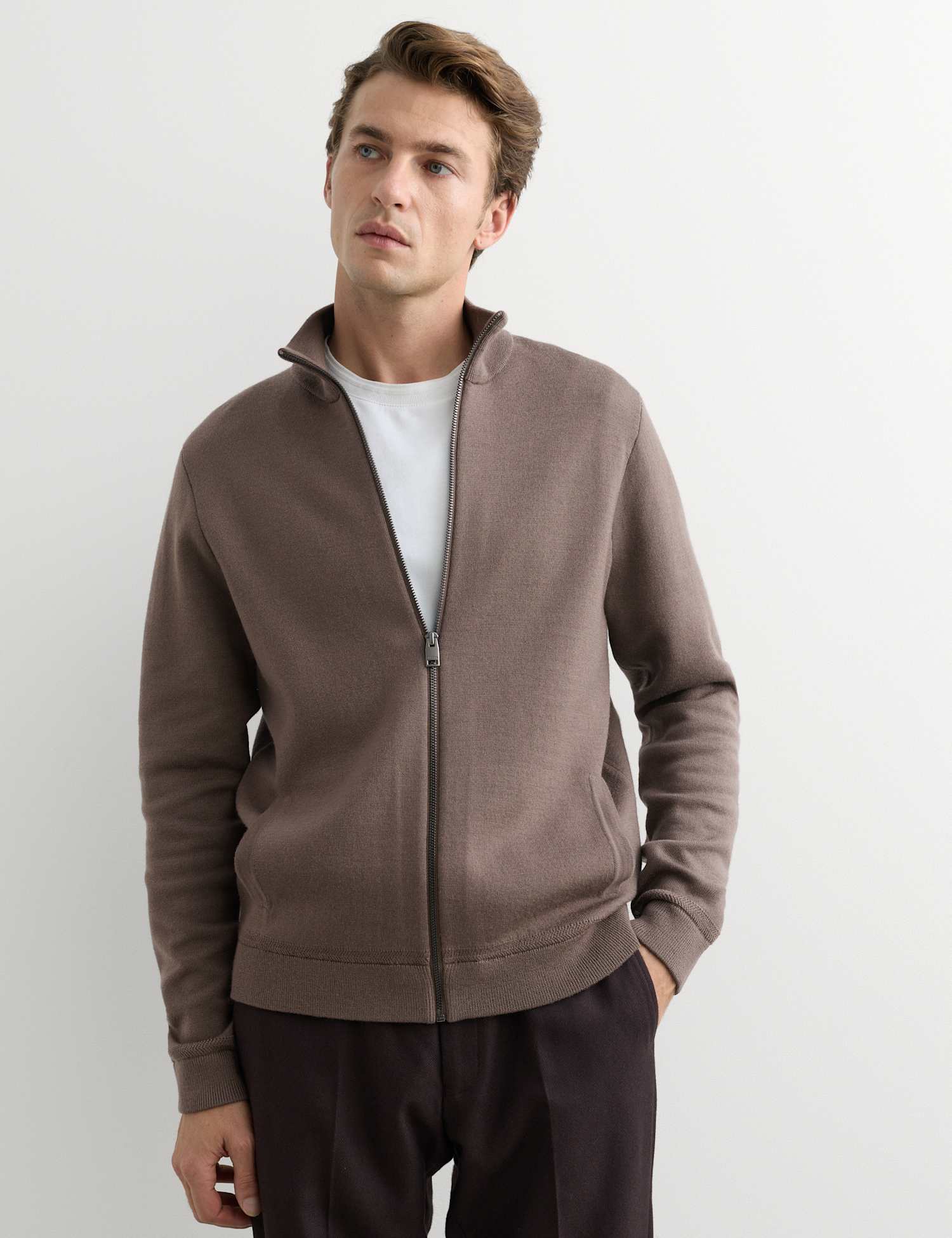 JAEGER Merino Wool Rich Funnel Neck Zip Up Cardigan Medium Brown