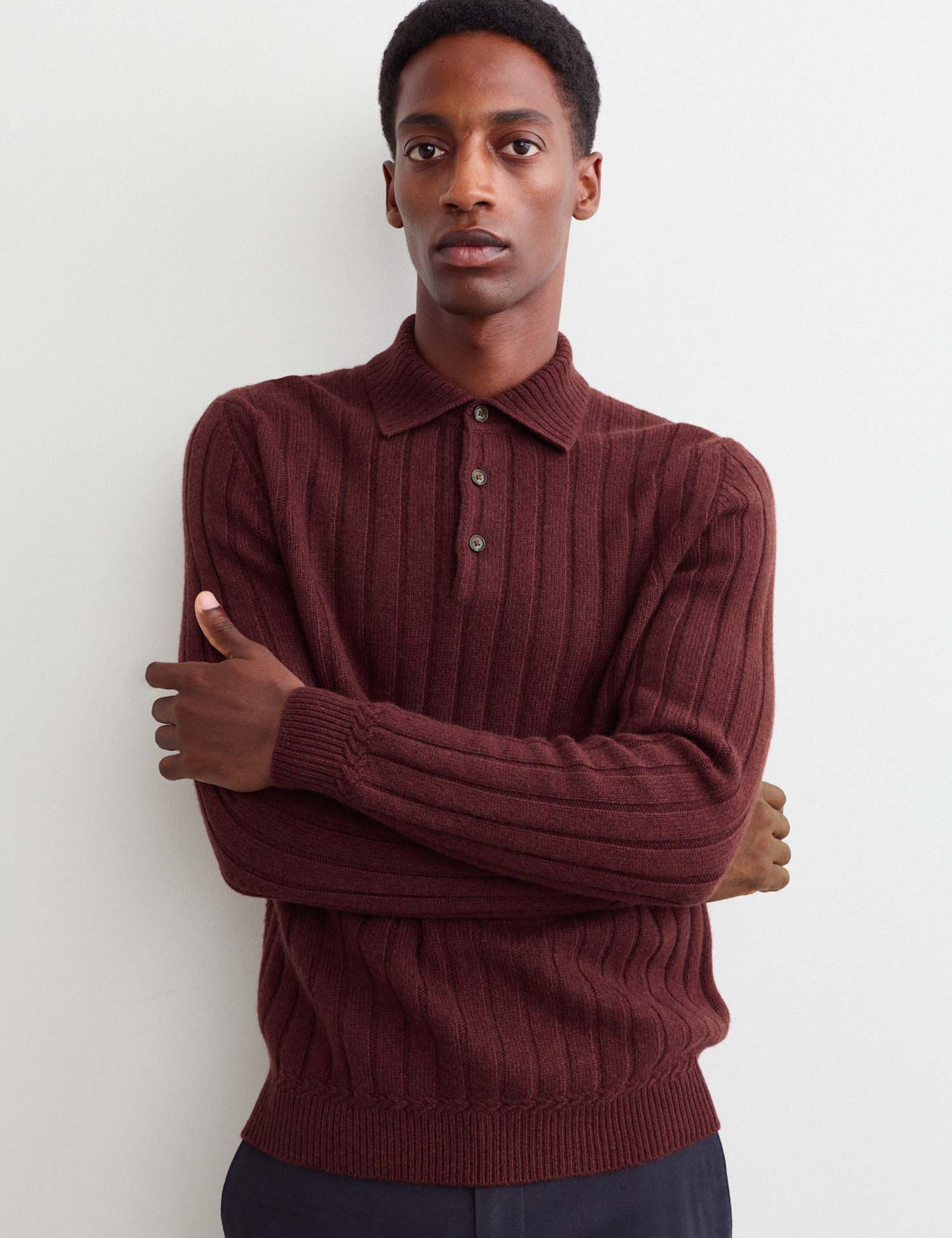JAEGER Cashmere Rich Textured Polo Shirt Dark Burgundy
